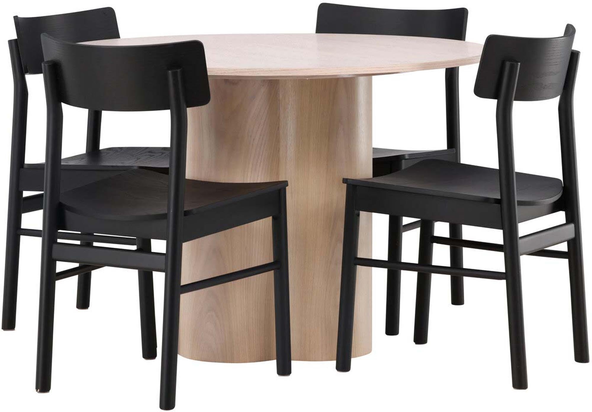 Elegantes Esszimmer Set "Olivia" mit runden Tisch (⌀110cm) aus schwarzem MDF und 4 stilvollen Montros Stühlen aus Birkenholz für modernes Wohnen.