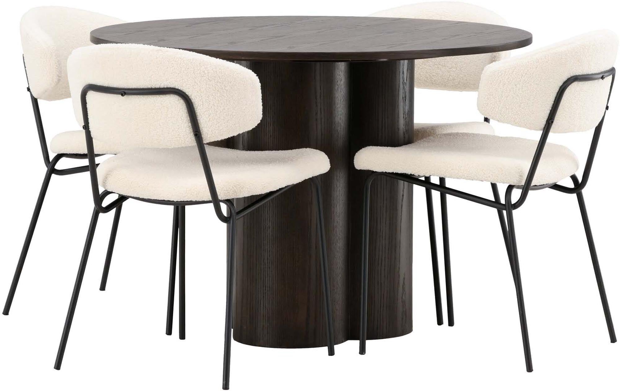 Stilvolles Esszimmer Set bestehend aus einem runden Mokka-Tisch (⌀110cm) und vier modernen Bouclé-Stühlen in Weiß. Ideal für jedes Zuhause.