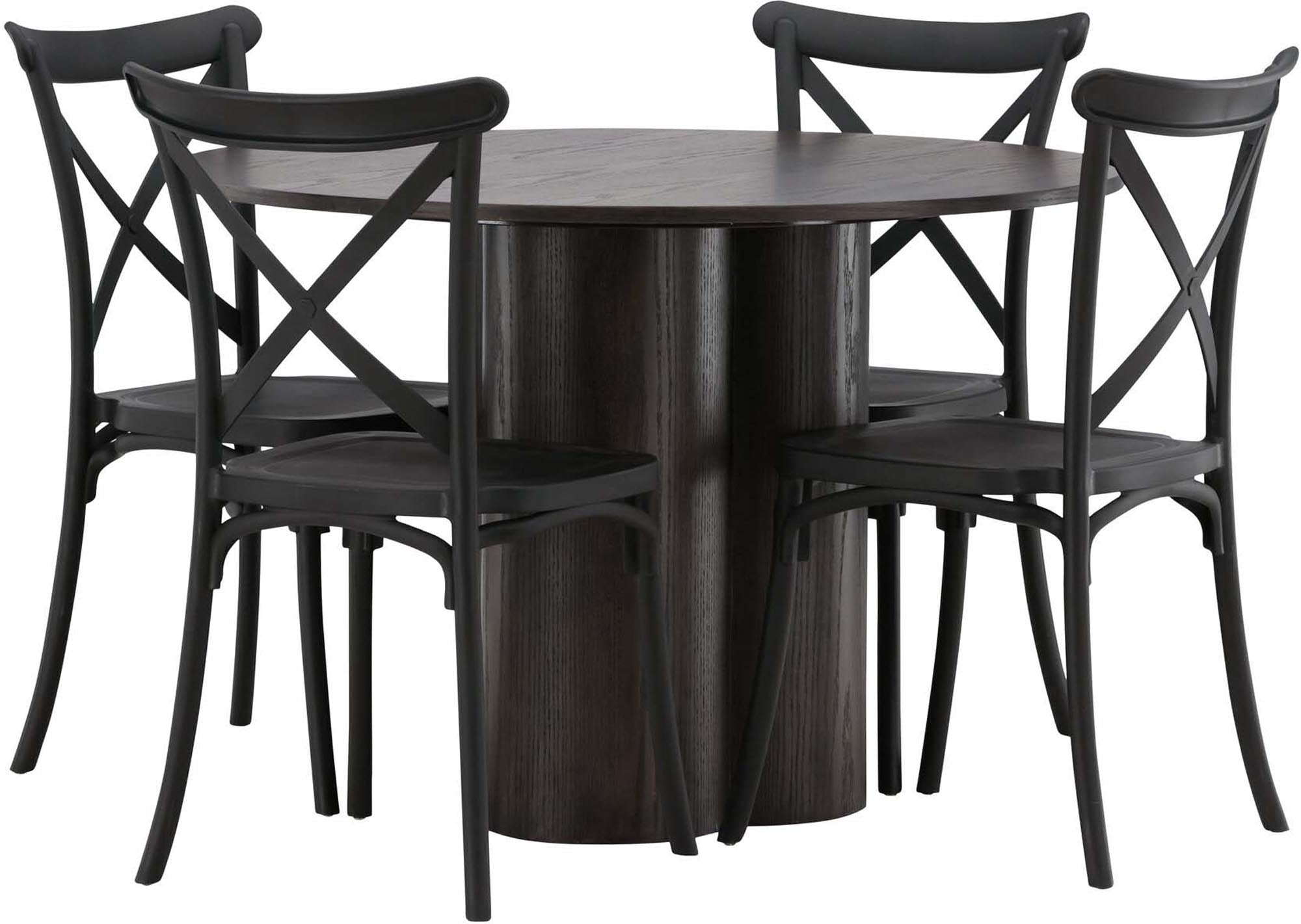 Modernes Esszimmer Set bestehend aus dem runden Crosett Tisch und vier stilvollen Stühlen, ideal für gemütliche Essensrunden.