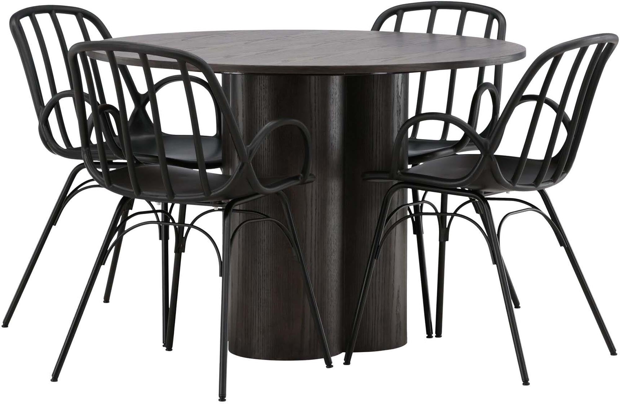 Elegantes Esszimmerset von Venture Home mit runden Dyrön Tisch (110cm) und vier stilvollen Stühlen für gemütliche Essensmomente.