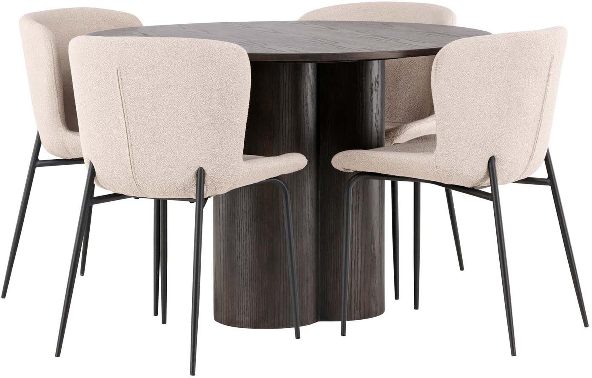 Stilvolles Esszimmer Set bestehend aus einem runden Modesto Tisch und vier eleganten Stühlen, ideal für moderne Essbereiche.