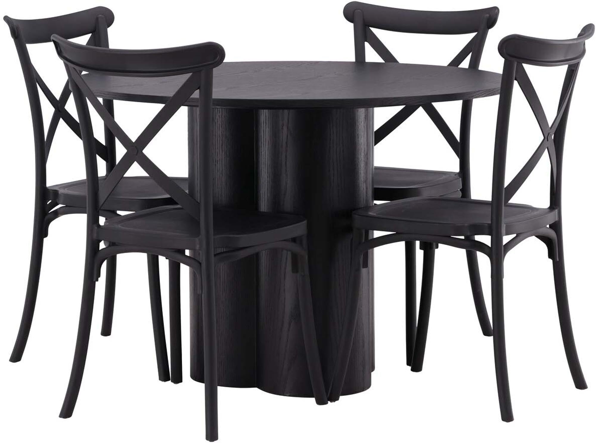 Modernes Esszimmer Set Olivia: runder Tisch aus schwarzem MDF mit 4 bequemen Crosett-Stühlen, ideal für stilvolle Essbereiche.