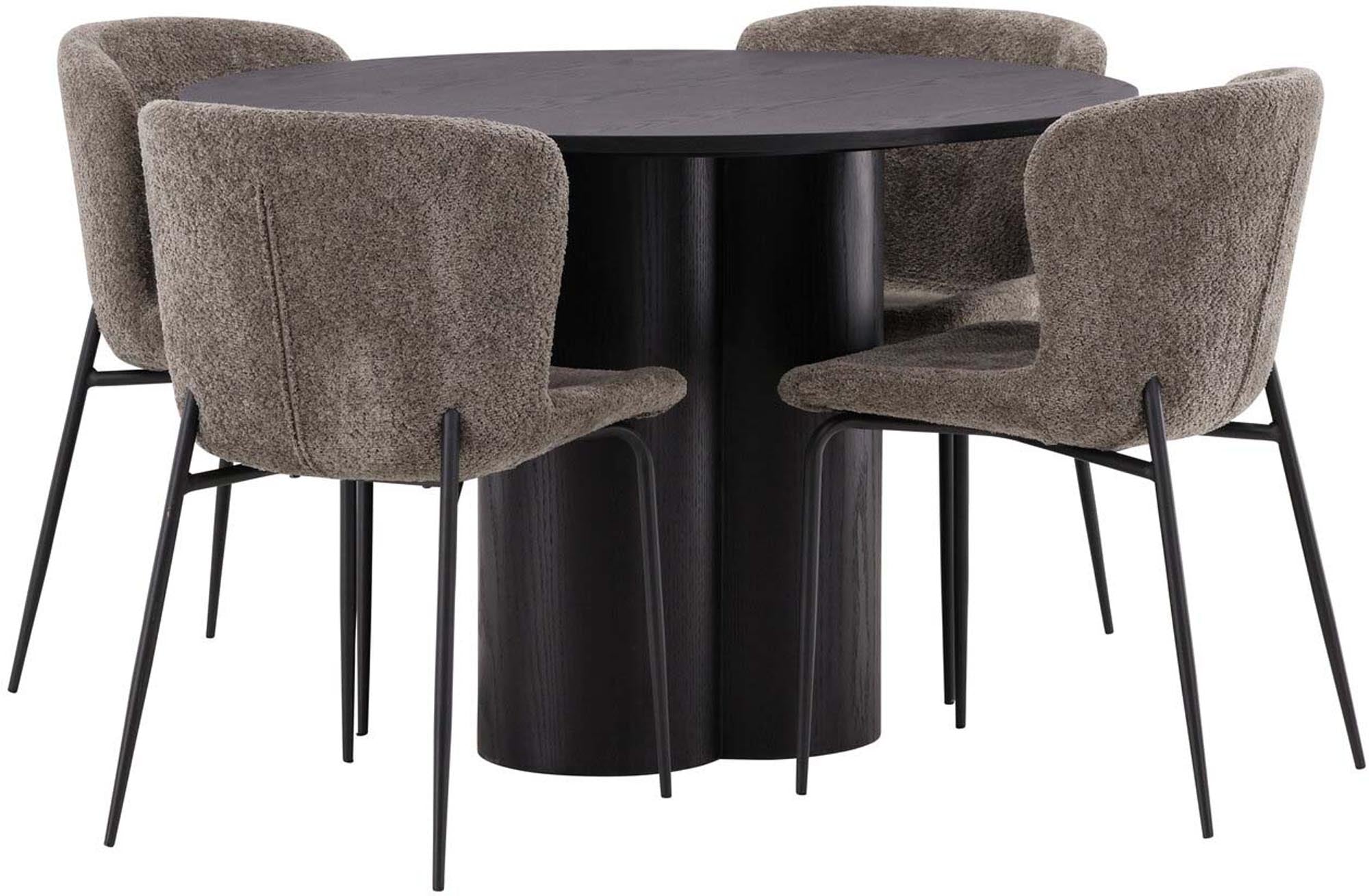 Elegantes Esszimmer Set bestehend aus einem runden Modesto Tisch mit 110 cm Durchmesser und vier passenden Stühlen für gemütliche Mahlzeiten.