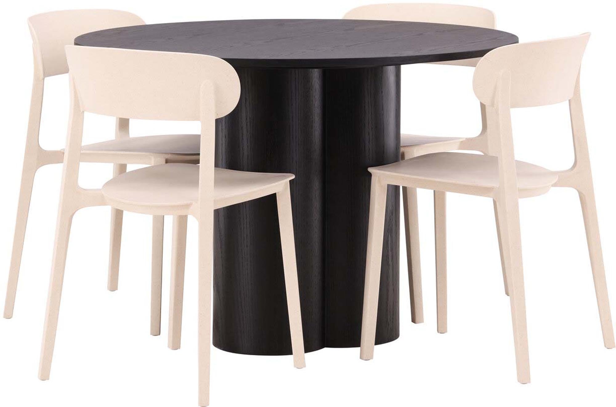 Modernes Esszimmer Set Olivia mit Astol Tisch (Ø110cm) und 4 stilvollen Stühlen von Venture Home für ein einladendes Ambiente.