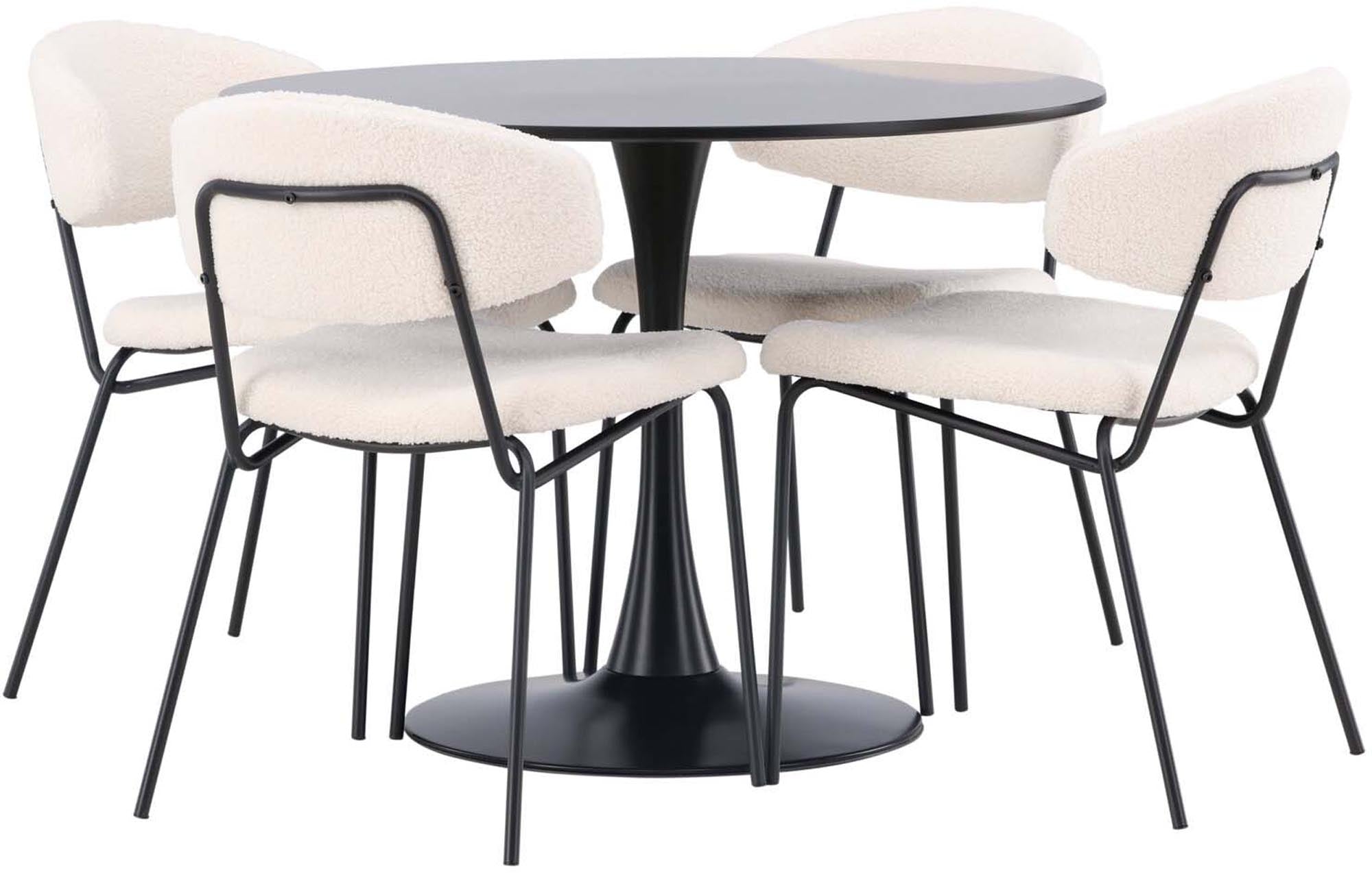 Elegantes Esszimmerset von Venture Home: runder Tisch mit schwarzem Fuß und vier stilvollen Bouclé-Stühlen für ein modernes Ambiente.