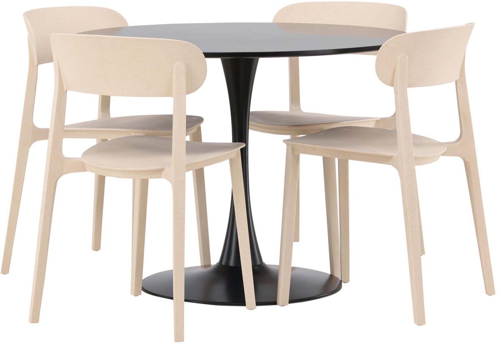 Elegantes Esszimmerset Glade mit einem runden Astol Tisch (Durchmesser 100 cm) und vier geschmackvollen Stühlen, perfekt für stilvolle Esszimmer.