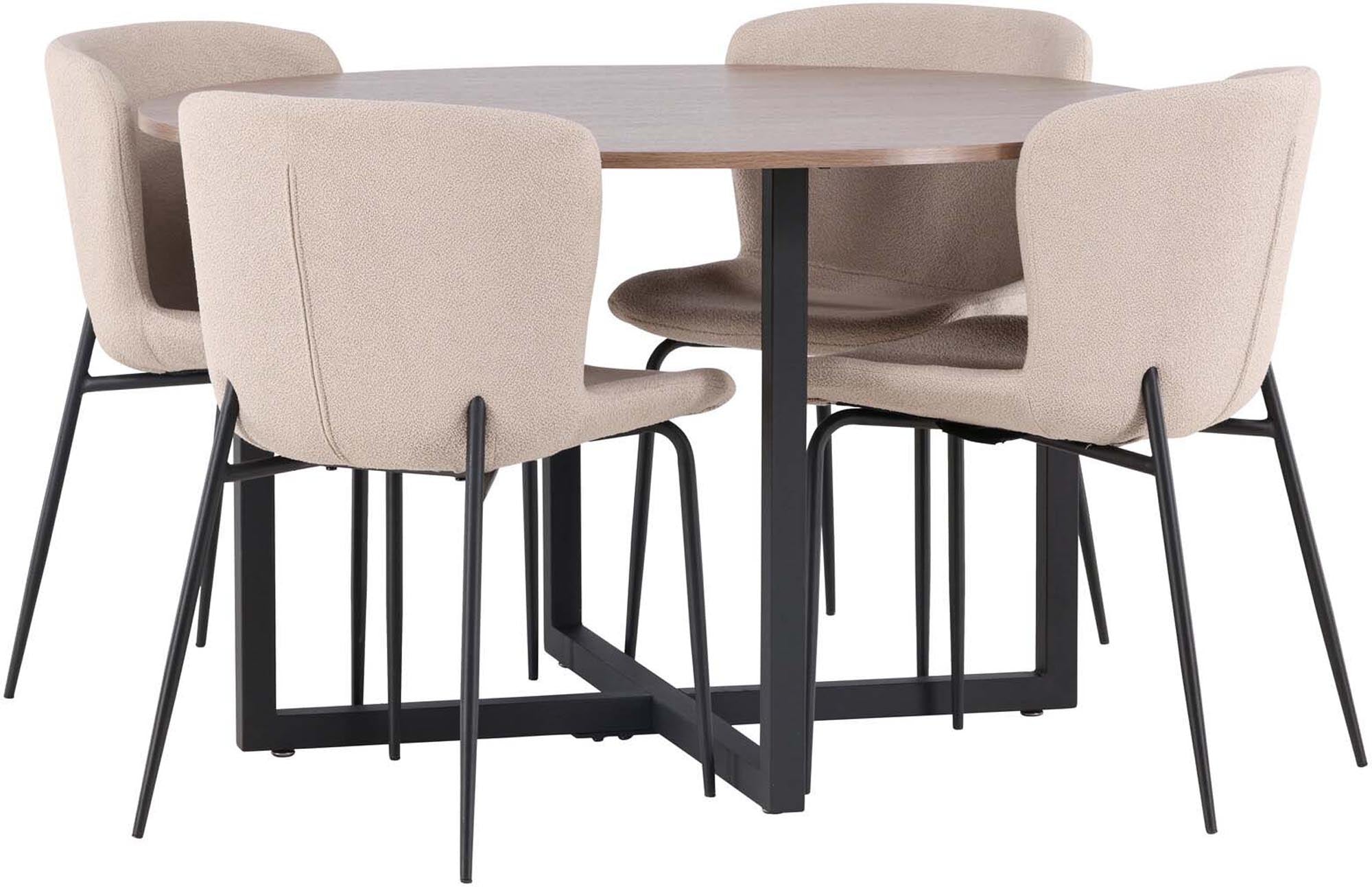 Elegantes Esszimmerset Durango mit runder Walnusstischplatte und stabilen Stahlbeinen, ergänzt durch vier bequeme Modesto-Stühle in sanftem Beige.