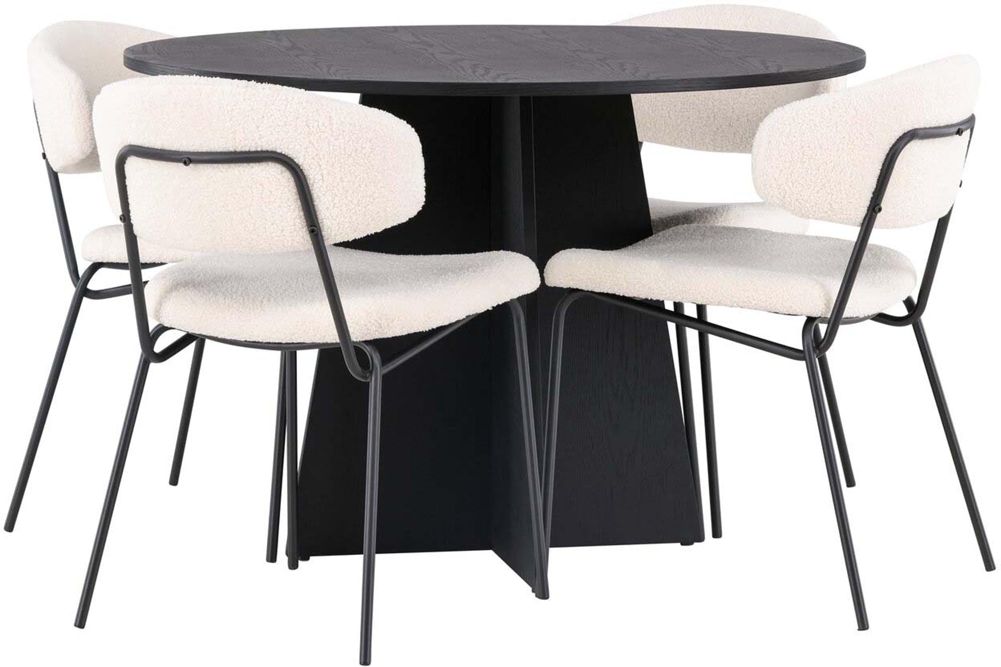 Stilvolles Bootcut Esszimmerset mit runden Tisch (⌀110cm) aus schwarzem MDF und 4 eleganten Bouclé-Stühlen in Weiß, ideal für moderne Essbereiche.