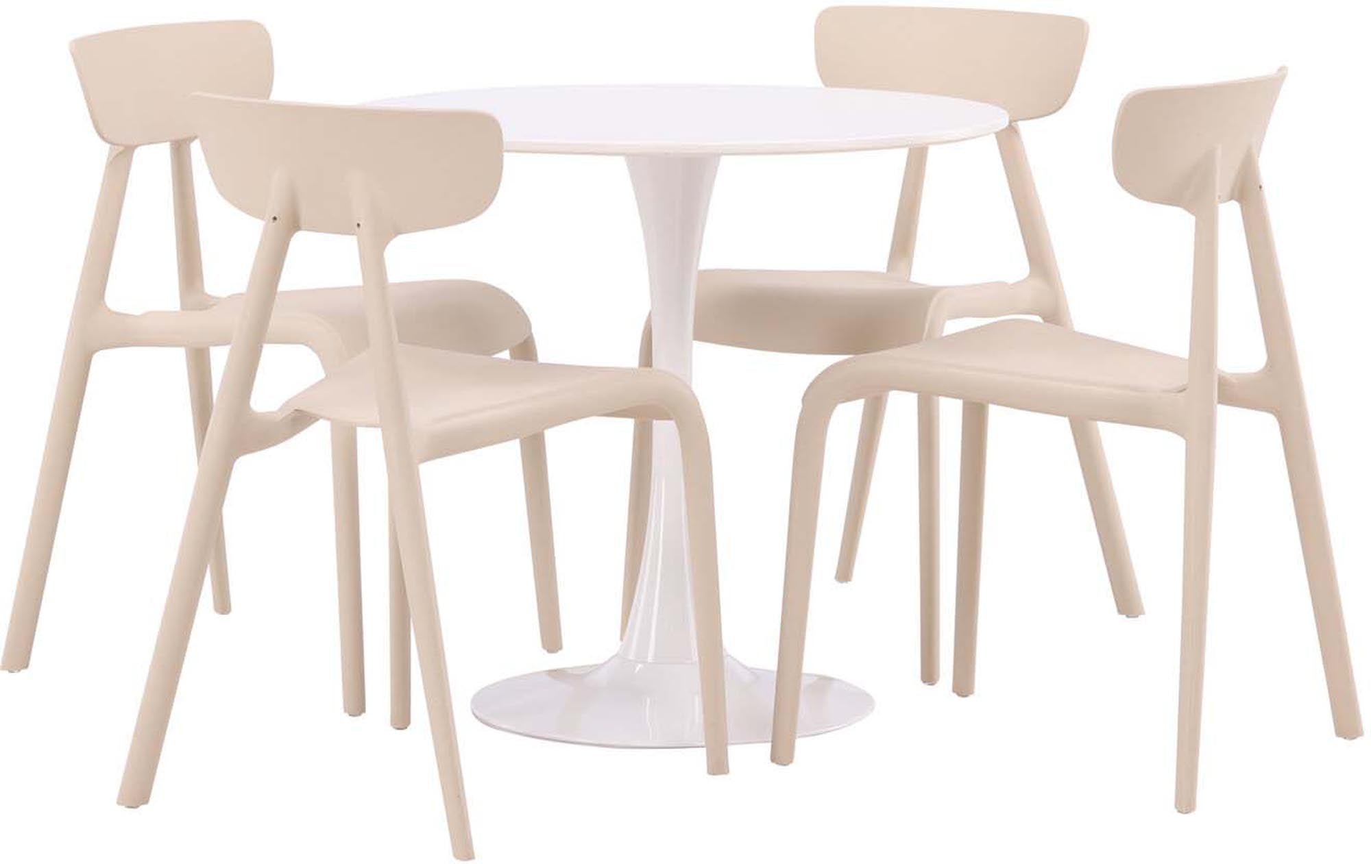 Stilvolles Esszimmerset Hamden mit runden Tisch (Ø 80 cm) und vier modernen Stühlen für ein einladendes Ambiente.