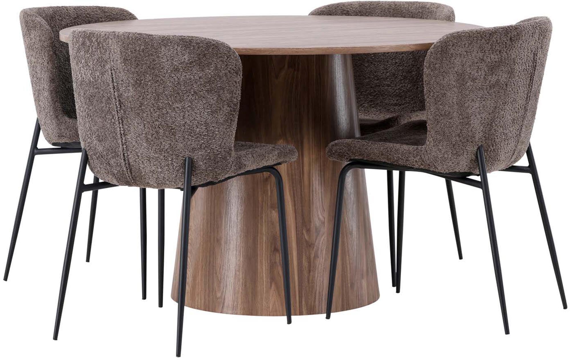 Stilvolles Esszimmerset bestehend aus einem runden Modesto Tisch mit 120 cm Durchmesser und vier passenden Stühlen für gemütliche Essensrunden.