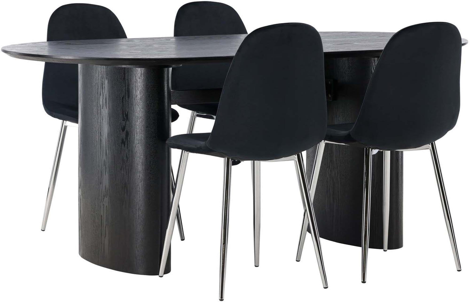 Modernes Esszimmerset Isolde mit einem 180 cm langen Tisch und vier stilvollen Stühlen, perfekt für gesellige Runden und festliche Anlässe.