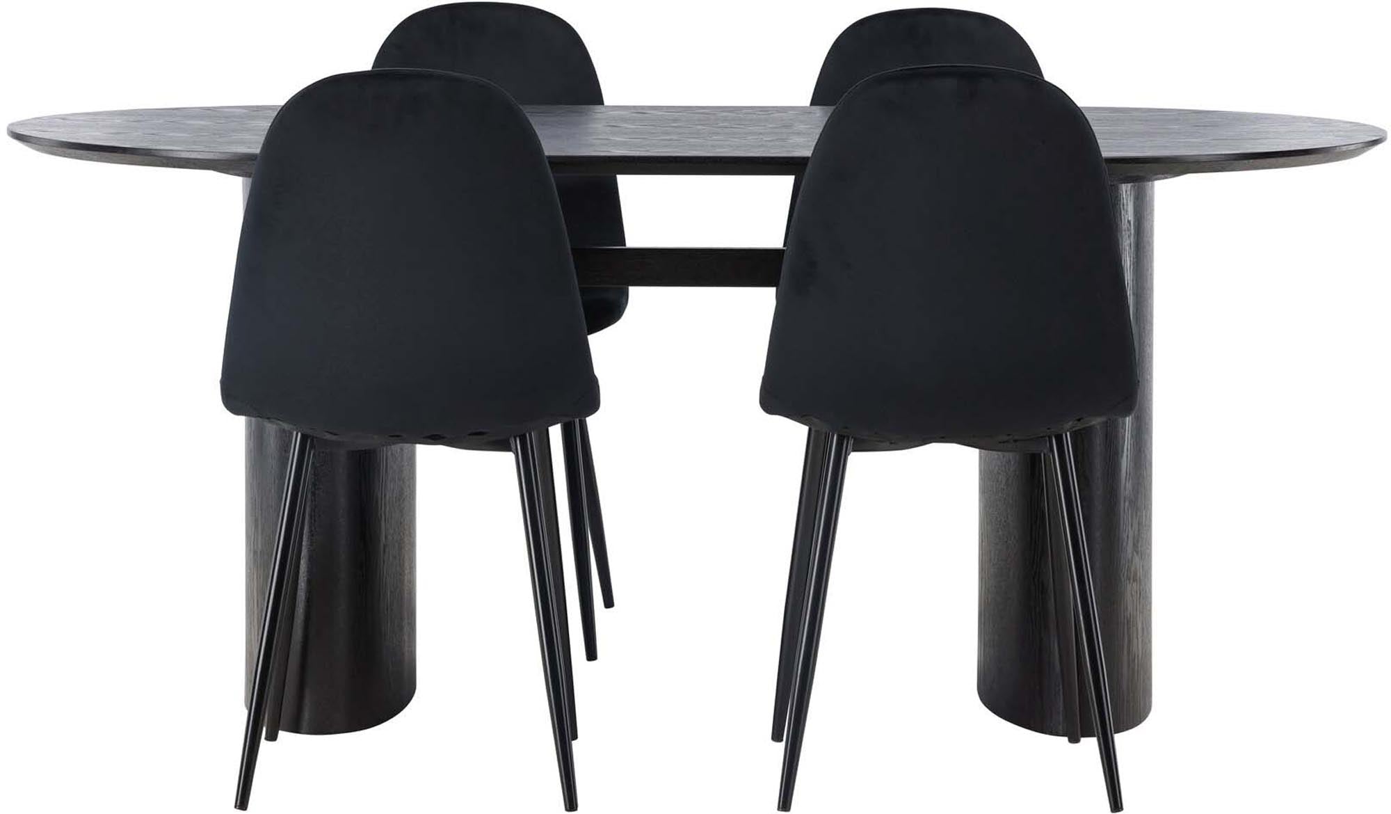Elegantes Esszimmerset Isolde mit 180 cm Tisch und vier hochwertigen Samt-Stühlen, ideal für stilvolle Dinnerpartys und modernes Ambiente.
