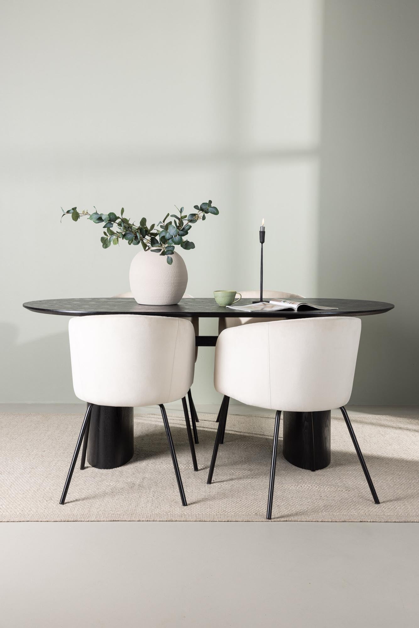 Elegantes Esszimmerset Isolde mit 180 cm Tisch und 4 luxuriösen Samt-Stühlen, perfekt für einladende Dinnerpartys und zeitgemäße Wohnräume.