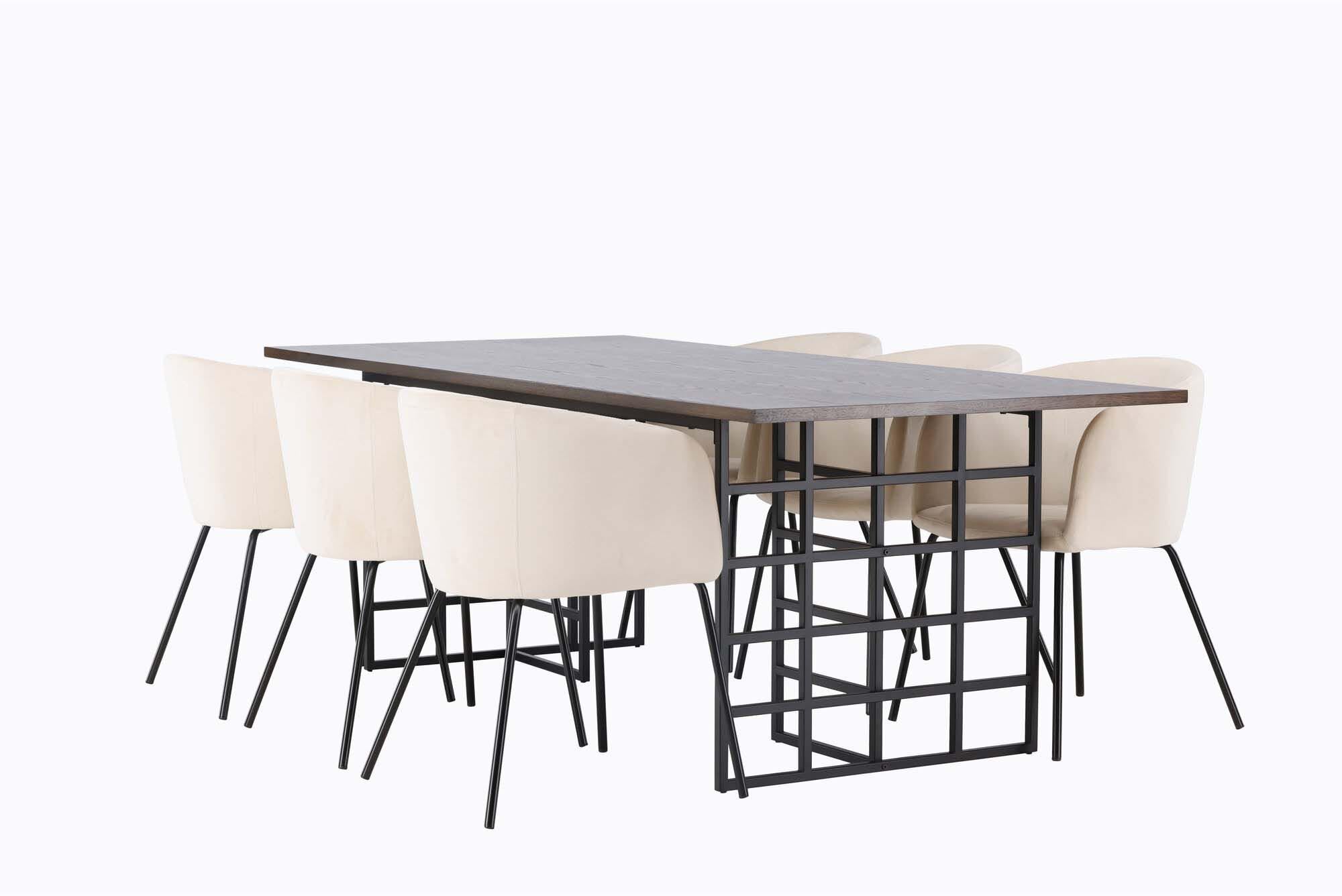 Modernes Esszimmerset Ystad mit 220 cm Tisch und 6 stilvollen Stühlen, ideal für gesellige Abende und elegante Essbereiche.