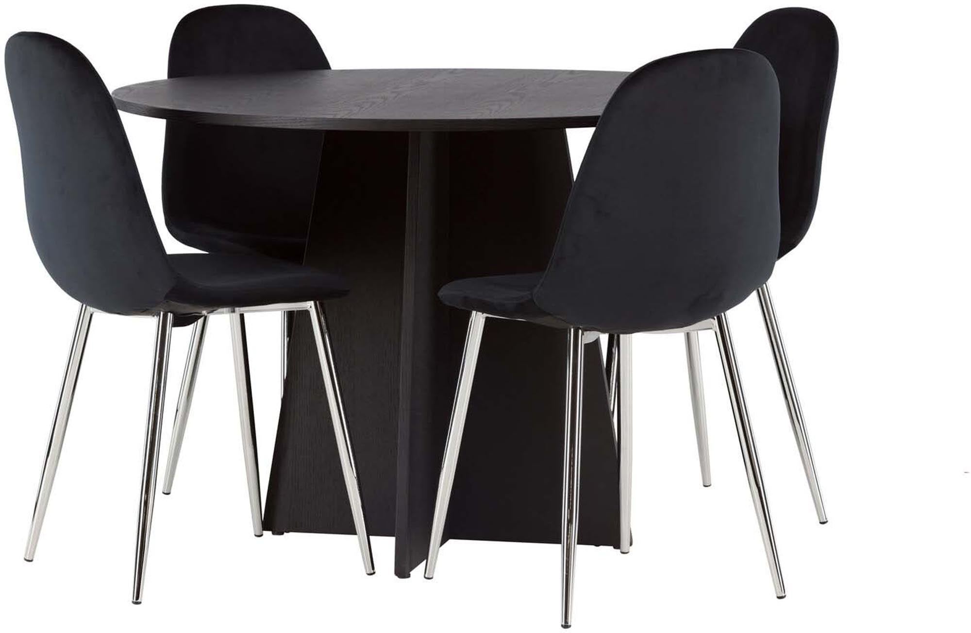 Elegantes Bootcut Esszimmerset mit einem runden Tisch und vier stilvollen Polar Stühlen, perfekt für gemütliche Esszimmer und gesellige Runden.