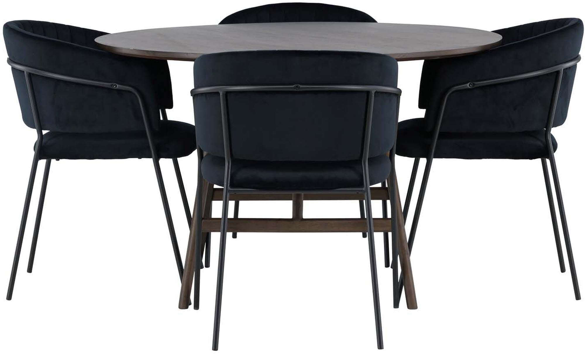 Entdecken Sie das Kaseindon Esszimmerset + Selma von Venture Home: stilvoller runder Esstisch und elegante Samtstühle für Ihr Esszimmer.