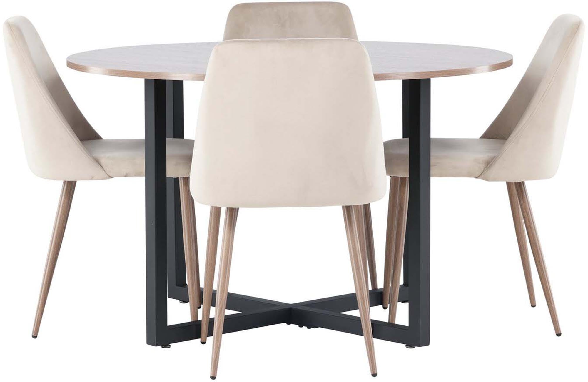 Durango Esszimmerset + Night: Modernes Esszimmerset mit runden Tisch und vier Stühlen, perfekt für gemütliche Mahlzeiten und gesellige Runden.