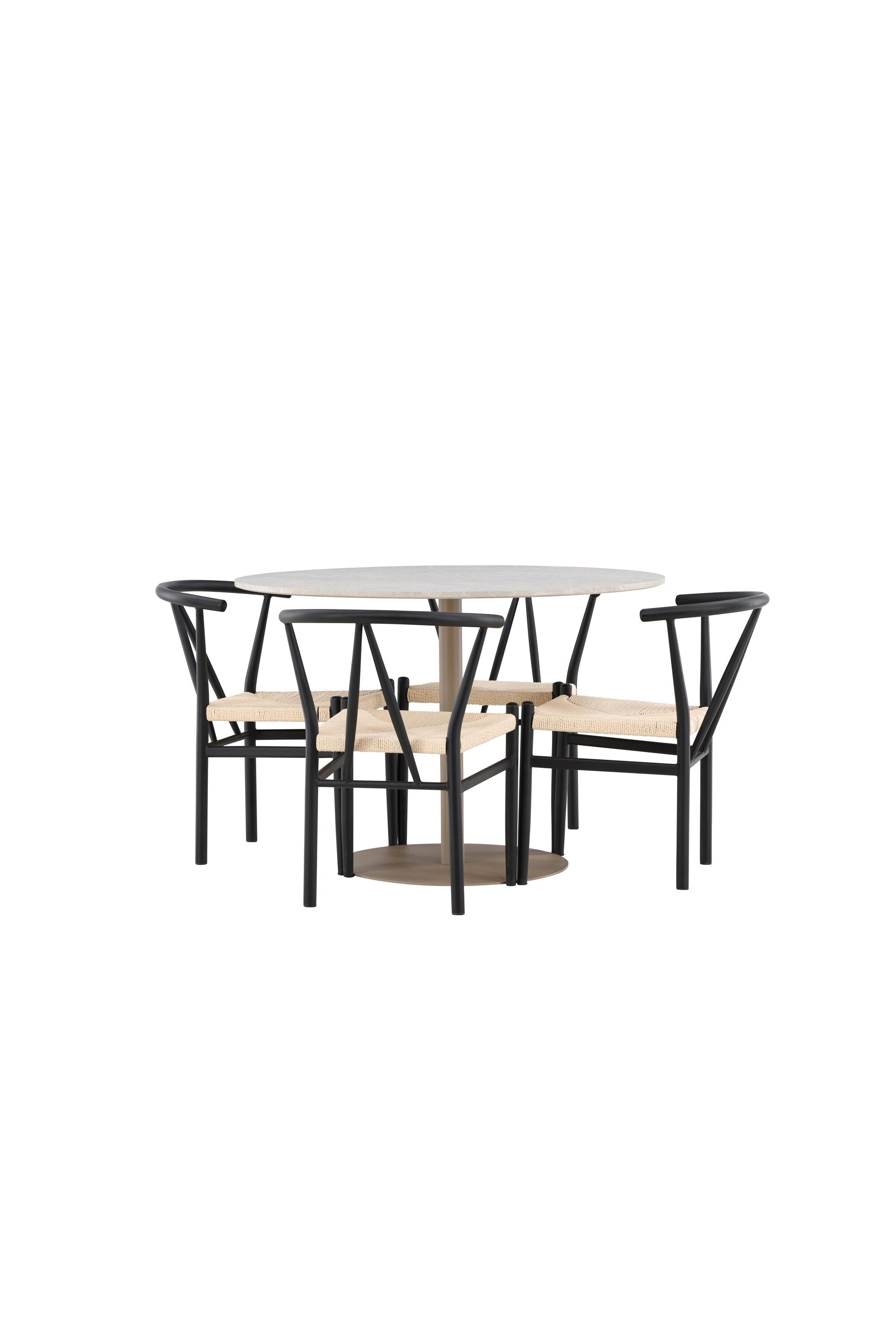 Elegantes Esstischset bestehend aus dem Lycke Esstisch und den Alfons Esszimmerstühlen, ideal für moderne Essbereiche und gesellige Runden.