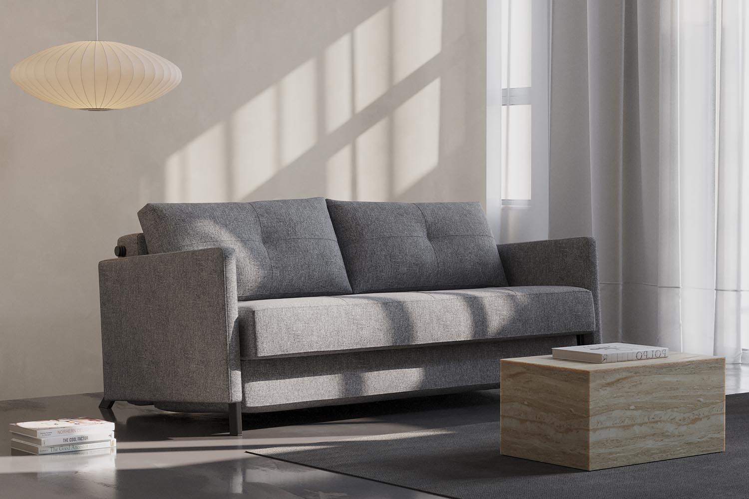 Stylisches Cubed Klappsofa 140 mit Armlehnen von Innovation Living, ideal für kleine Räume und vielseitig einsetzbar.