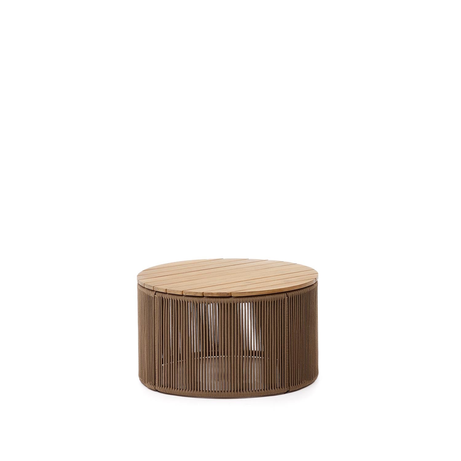 Eleganter Couchtisch Dandara: Stahl, Akazienholz, beiges Flechtwerk, Ø70 cm, FSC 100%. Ideal für drinnen & draussen.