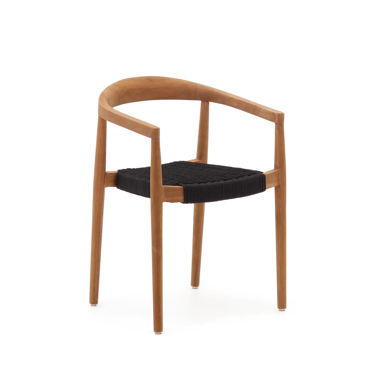 Stapelbarer Ydalia-Stuhl aus Teak mit schwarzem Seil für draussen.