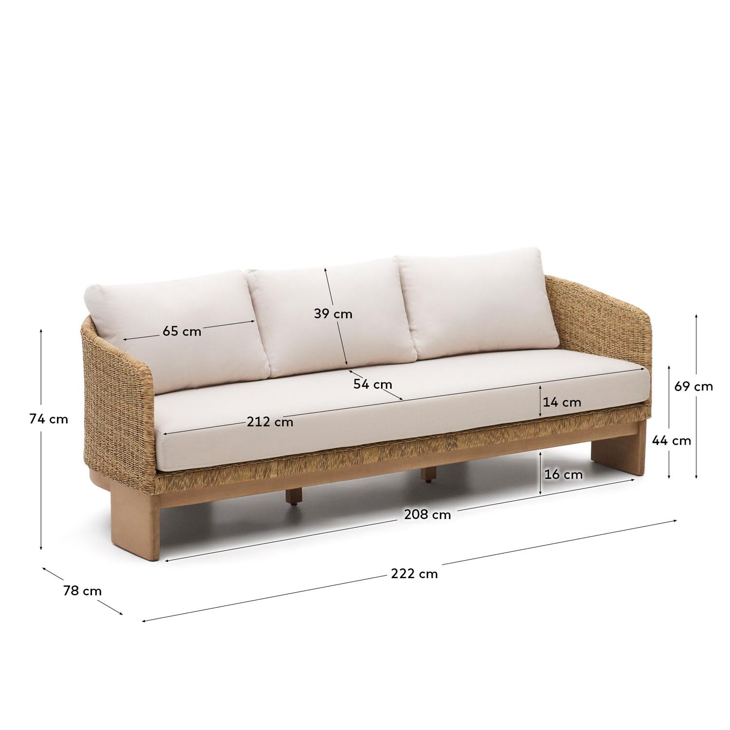 Modernes Lounge-Sofa für 3 Personen, gefertigt aus robustem synthetischem Rattan und nachhaltigem Eukalyptusholz, perfekt für entspannte Stunden.