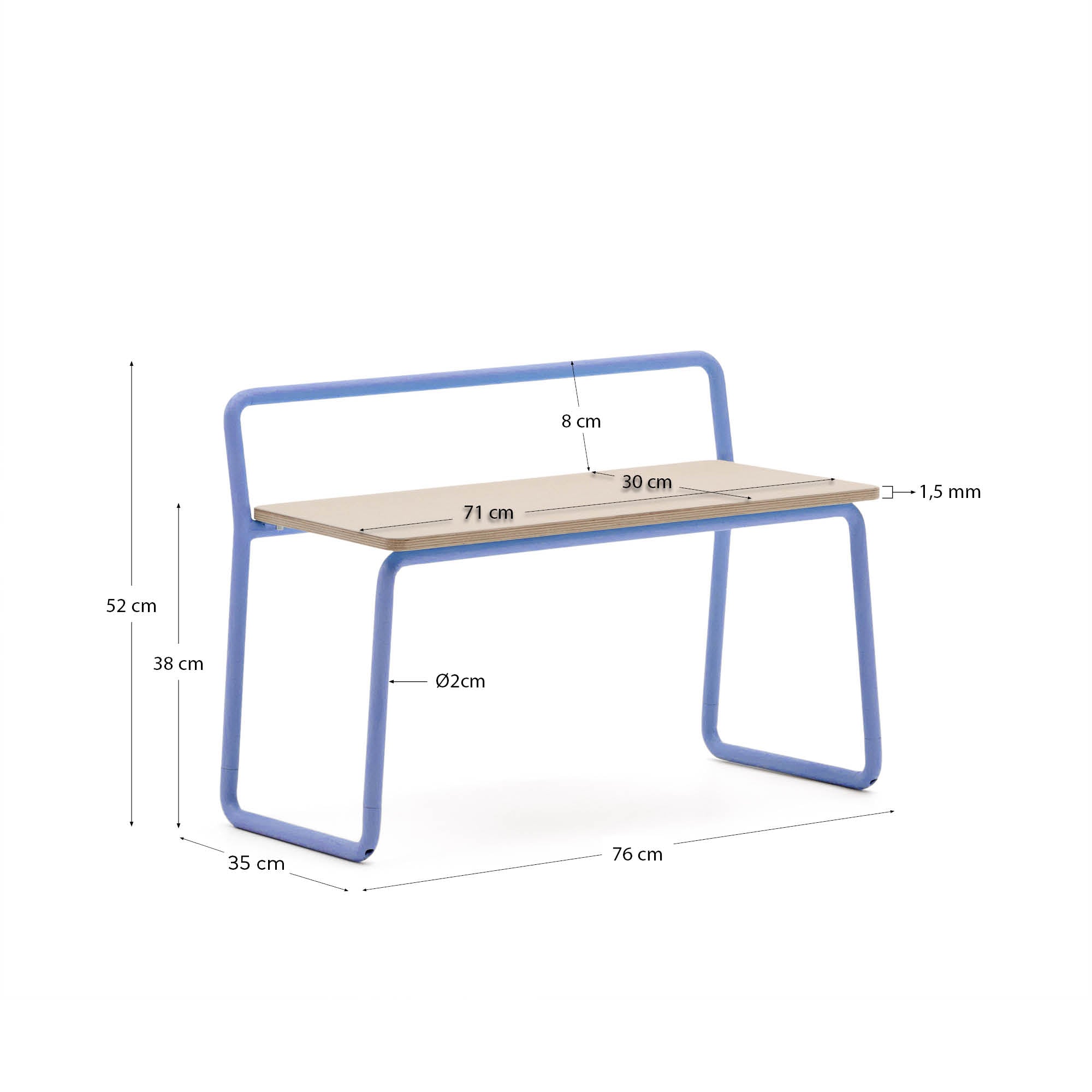 Entdecken Sie die stilvolle Bank Tinn von Kave Home: 75 cm, gefertigt aus hochwertigem Eschenfurnier und robustem blauen Metallgestell. Ideal für jeden Raum!