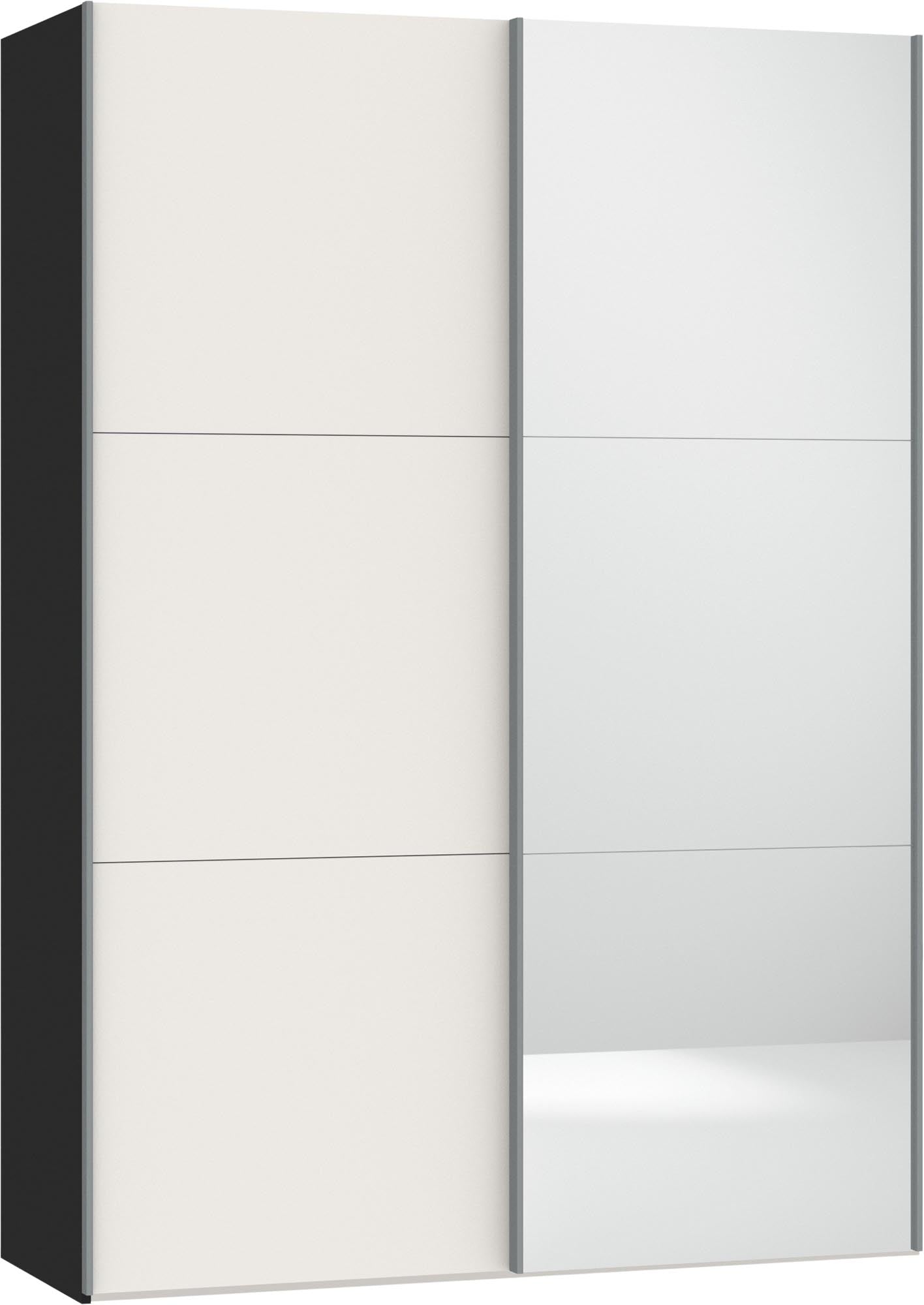 Moderner Schwebetürenschrank XXS in Cremeweiss mit Spiegel und praktischem Zubehör, ideal für stilvolle Raumgestaltung.