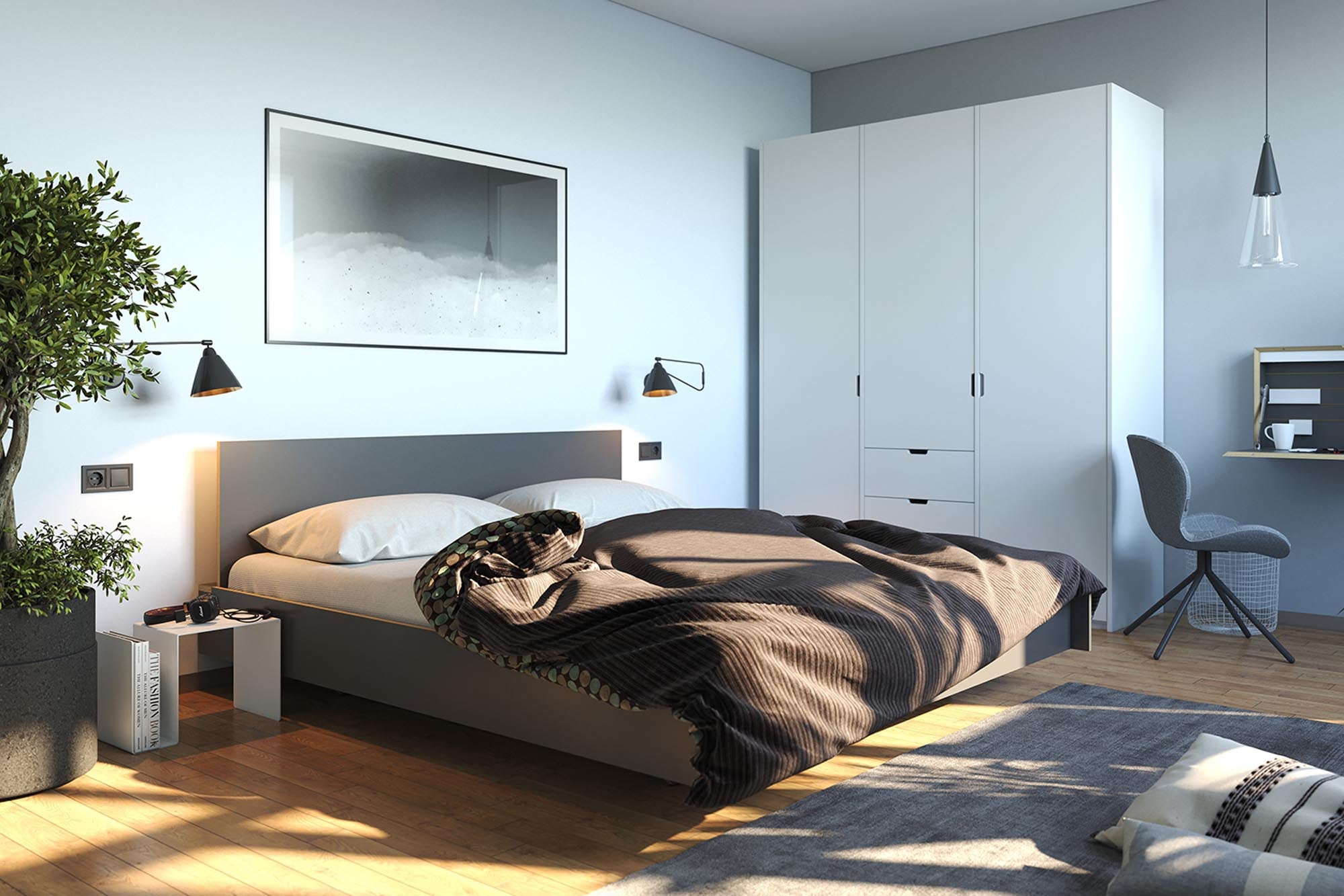 Elegantes FLAI Doppelbett mit innovativer Stauraumlösung.