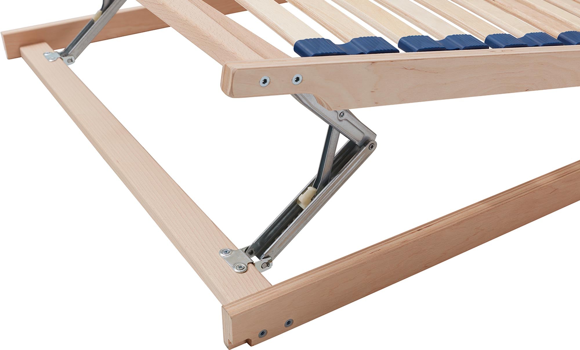 Hochwertiger Lattenrost aus massivem Holz, individuell verstellbar für optimalen Schlafkomfort und Unterstützung.