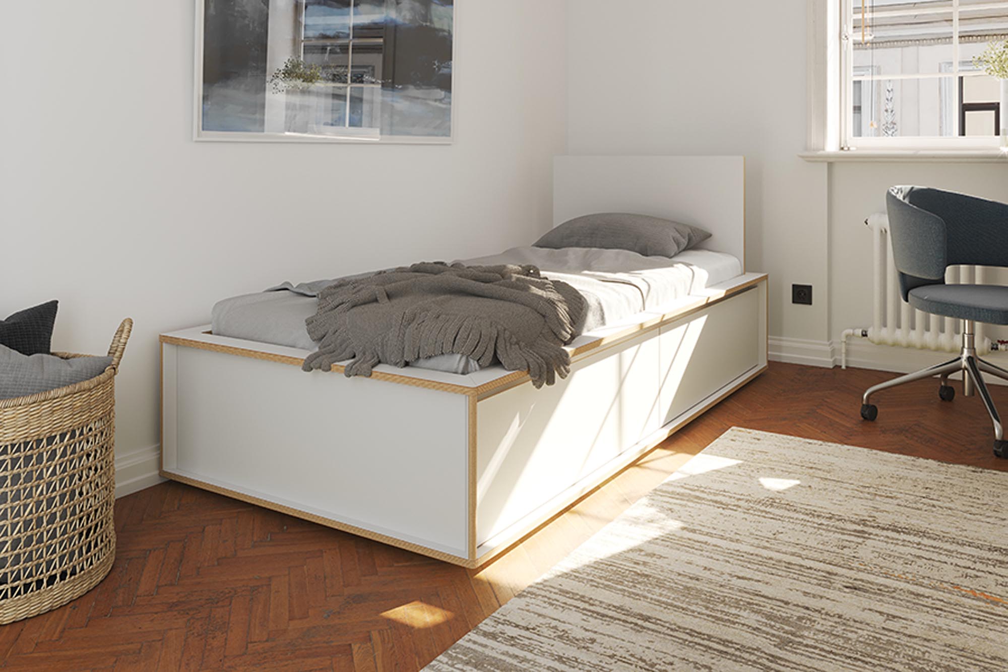 Modernes SPAZE Stauraumbett mit stilvollem Kopfteil und praktischen Schubkästen, ideal für ein aufgeräumtes Schlafzimmer.