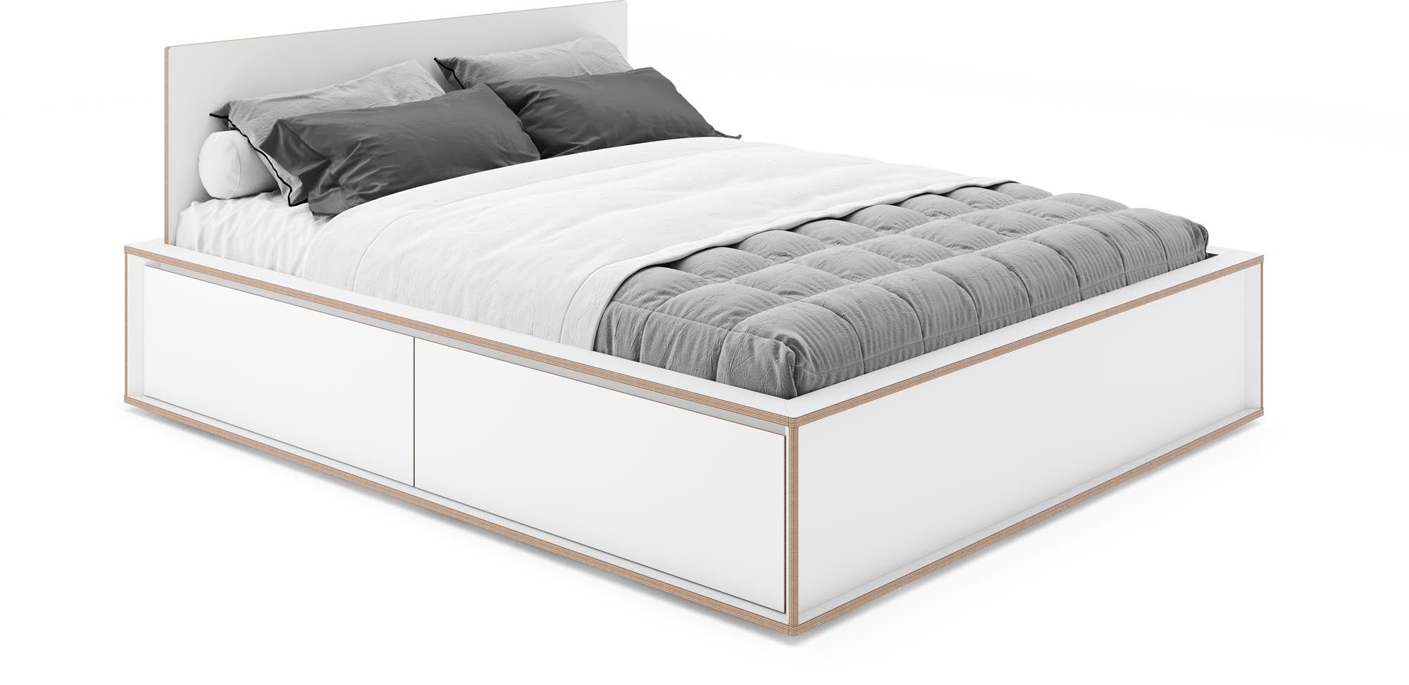 Elegantes SPAZE Bett mit 4 Schubkästen, Birkenschichtholzkante, Kopfteiloptionen, in Weiss oder Schwarz matt.