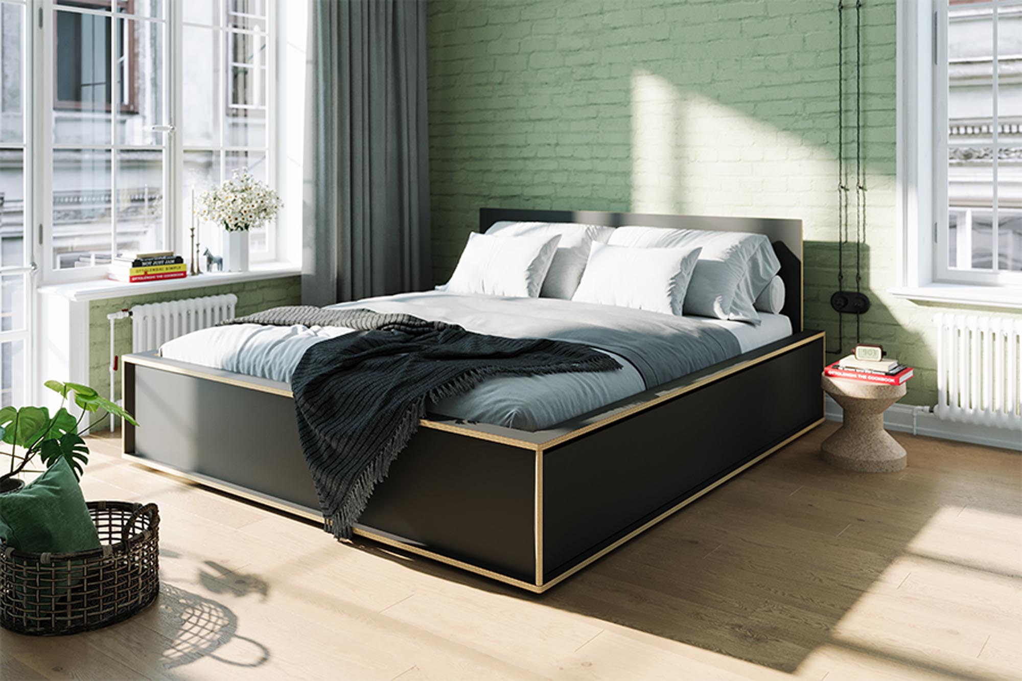 Elegantes SPAZE Bett mit ansprechendem Kopfteil, perfekt für ein modernes und gemütliches Schlafzimmer von Müller Möbelwerkstätten.