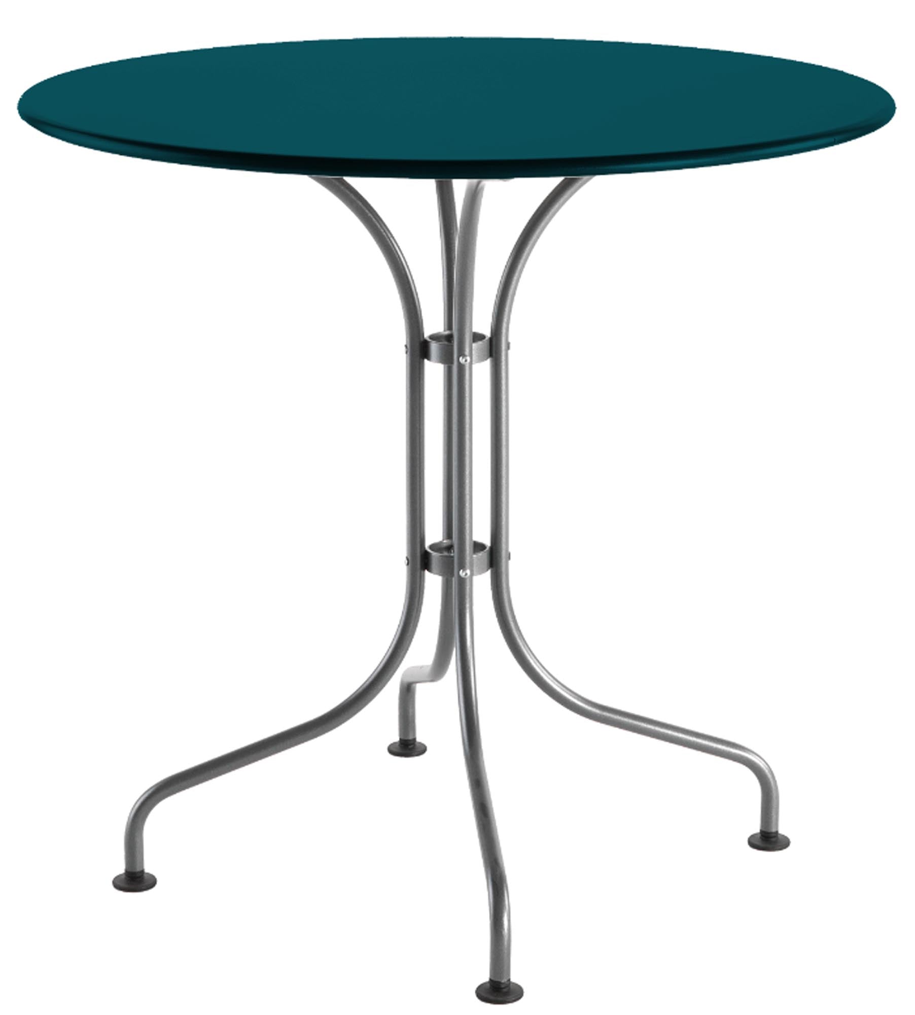 Hochwertiger, wetterfester Metall-Gartentisch ø90 aus Schweizer Produktion. Elegantes Design, langlebig, ideal für kleine Außenbereiche und stilvolle Outdoor-Ambiente.