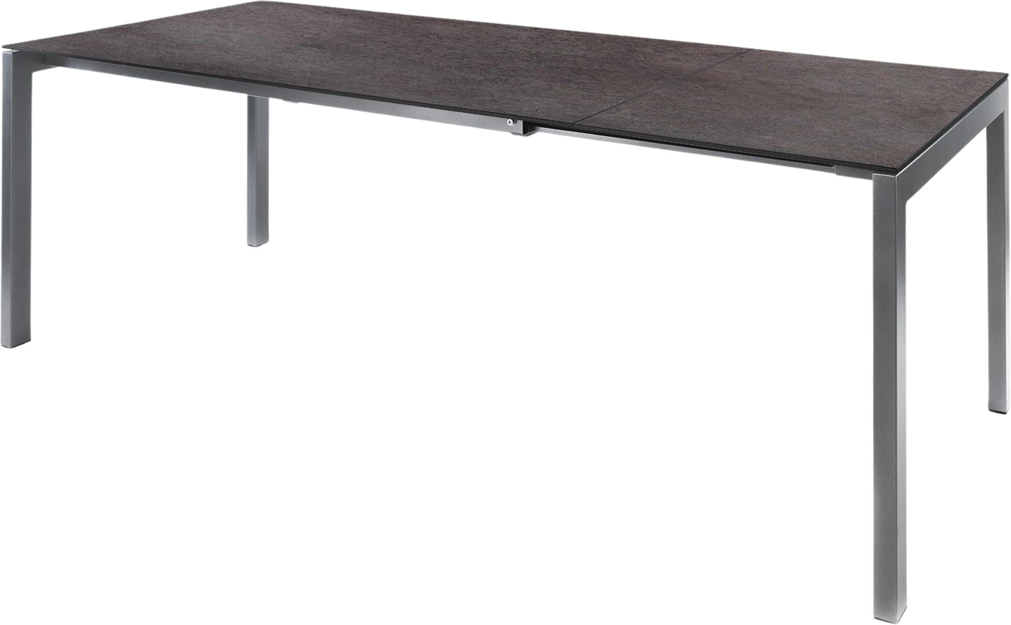 Hochwertiger Luzern Glasfaser-Gartentisch 160/220x90 ausziehbar, wetterfest, langlebig, Swiss Made, elegantes Design, perfekt für Garten, Terrasse oder Balkon.