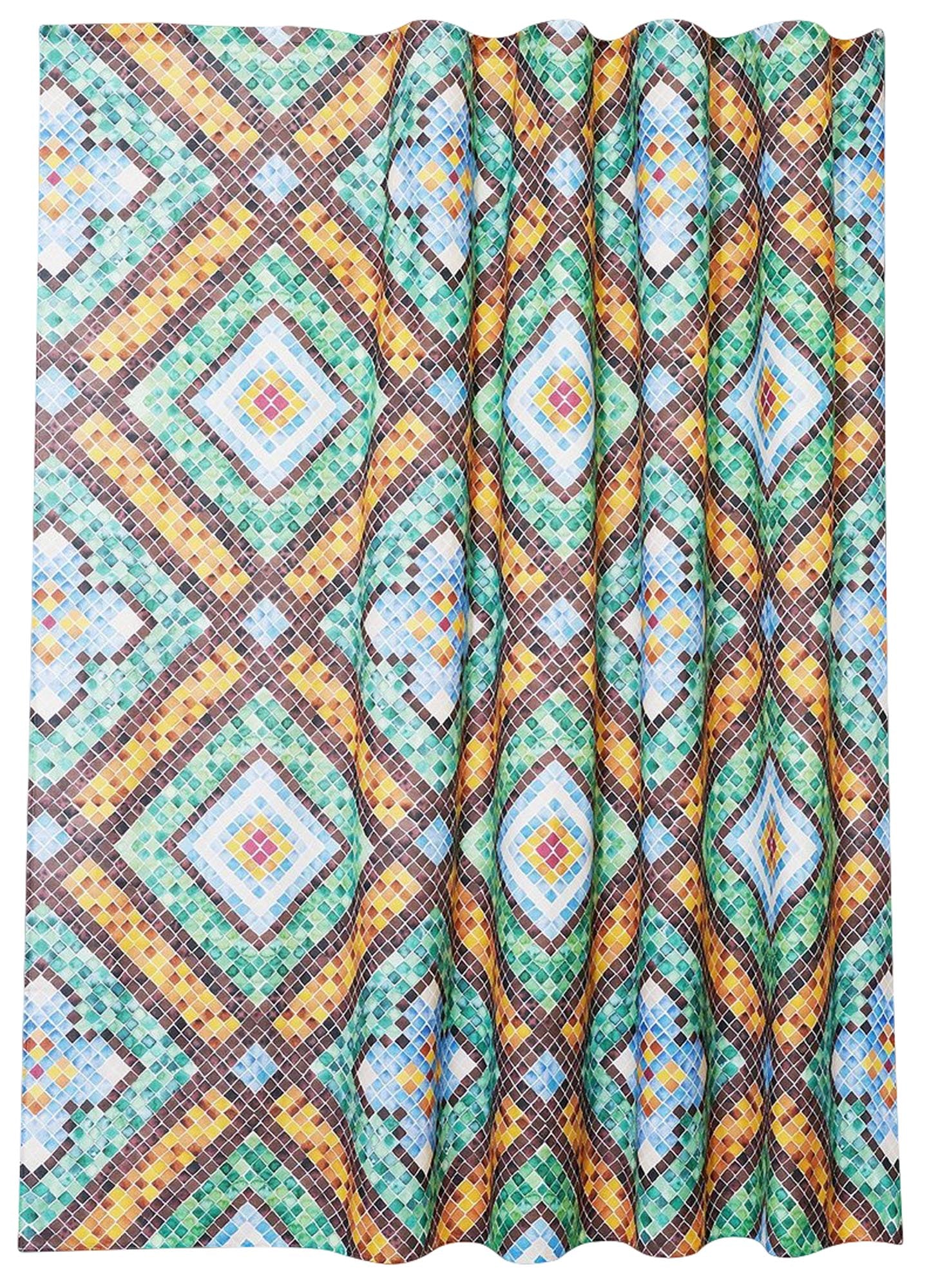 Eleganter Duschvorhang mit künstlerischem Tilescapes-Muster, gefertigt aus hochwertiger, wasserabweisender Baumwolle in Italien.