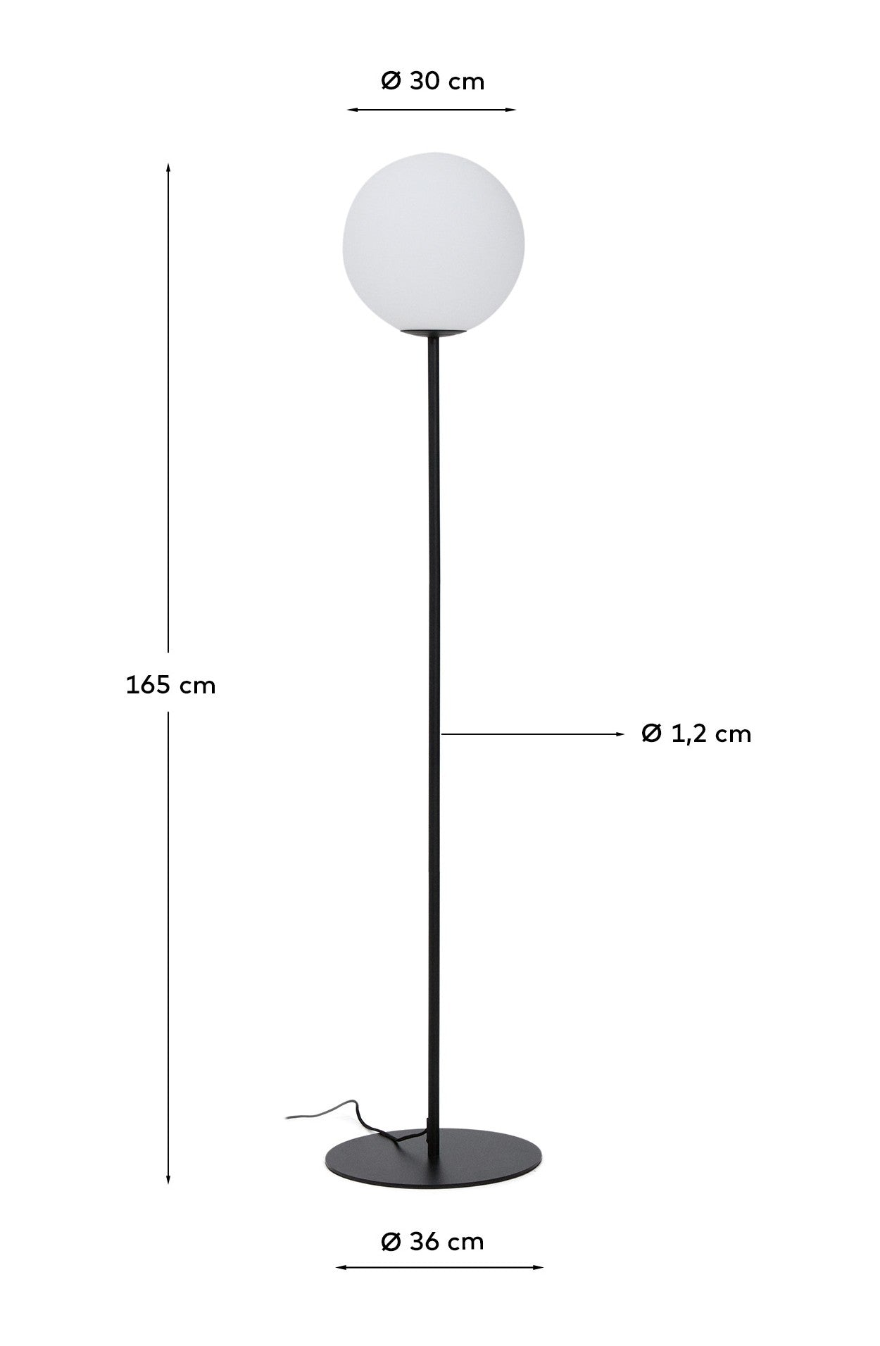 Elegante Stehlampe Brisia aus Metall in Schwarz, ausgestattet mit einer 30 cm großen Glaskugel, ideal für stilvolle Wohnräume.