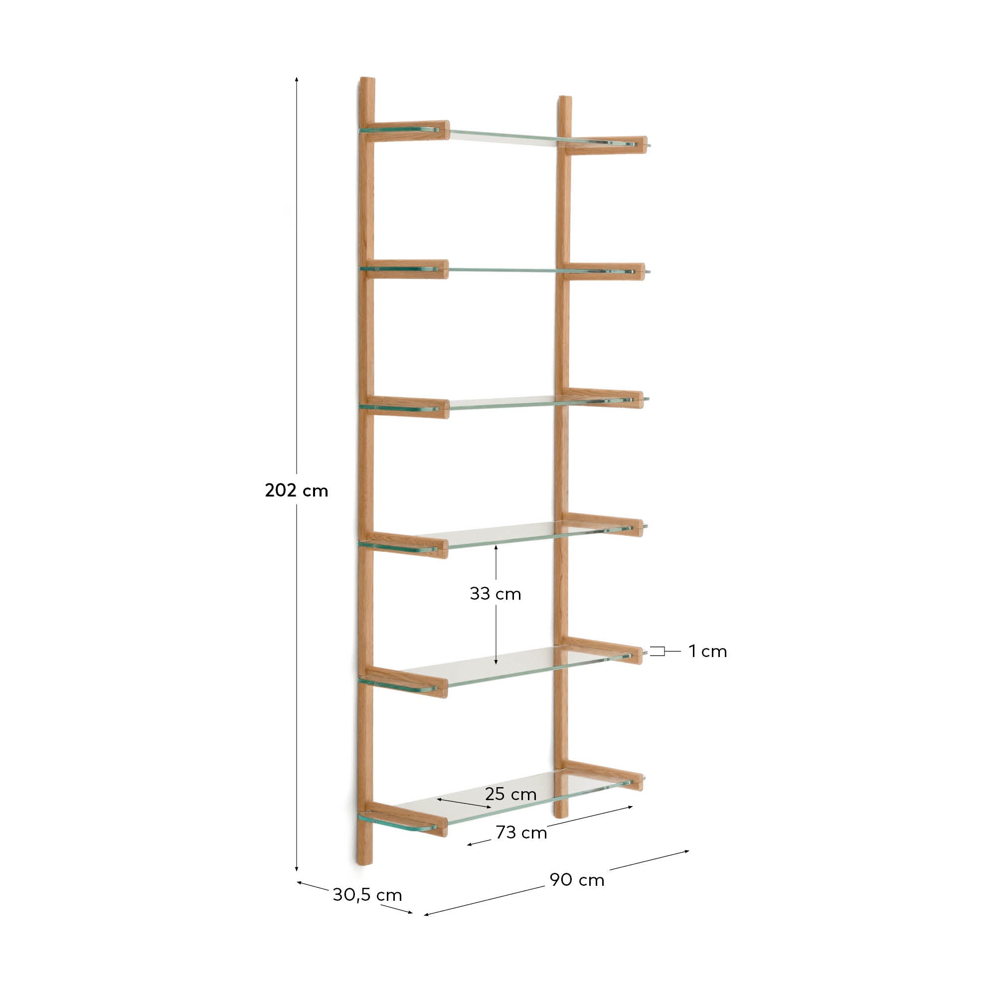 Gestalten Sie Ihr Zuhause mit dem modularen Regal Sitra: 6 elegante Glasböden und massives Eichenholz bieten Stil und Flexibilität für jeden Raum.
