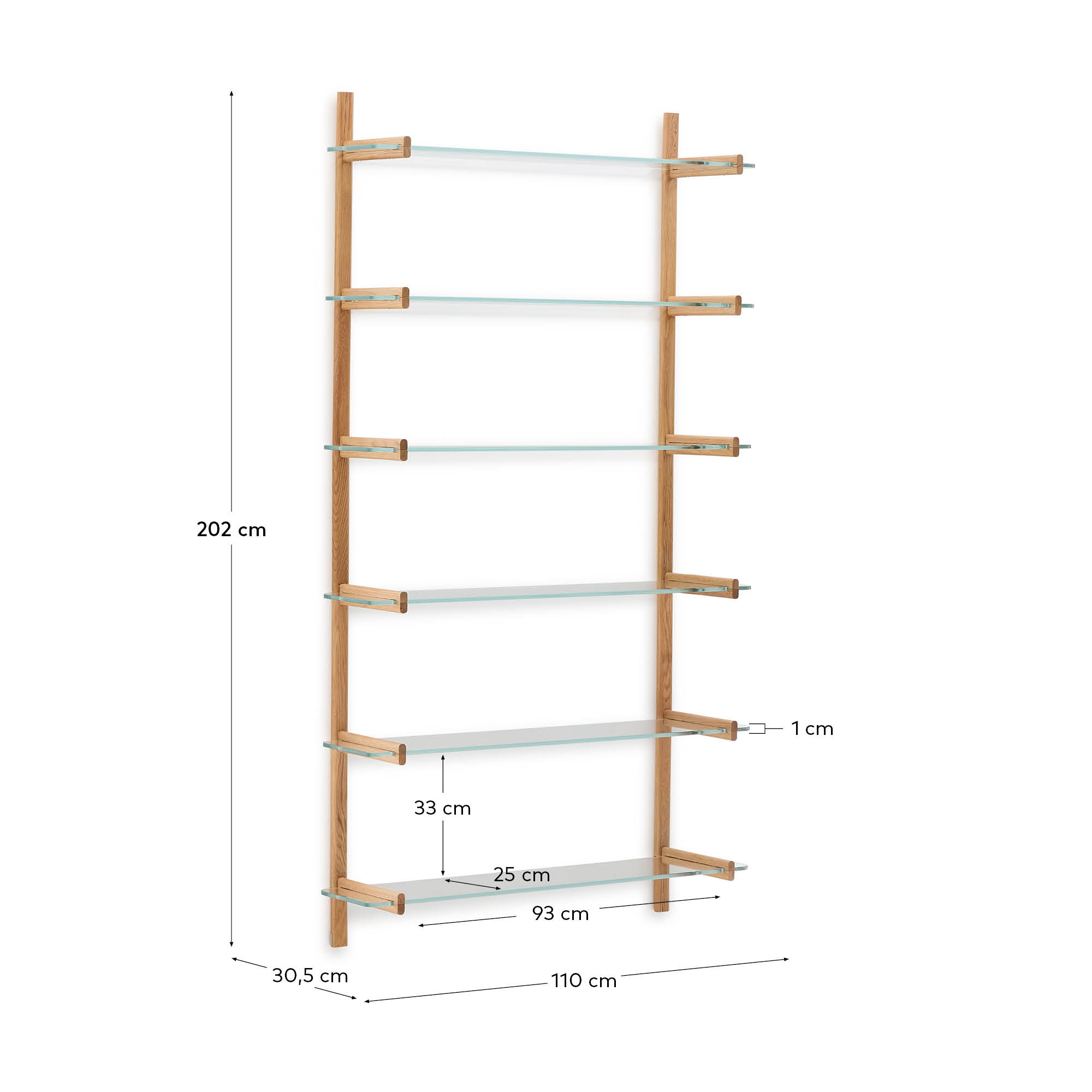 Elegantes Wandregal Sitra mit 6 Regalbrettern aus hochwertigem Glas und massiver Eiche, ideal für stilvolle Raumgestaltung.