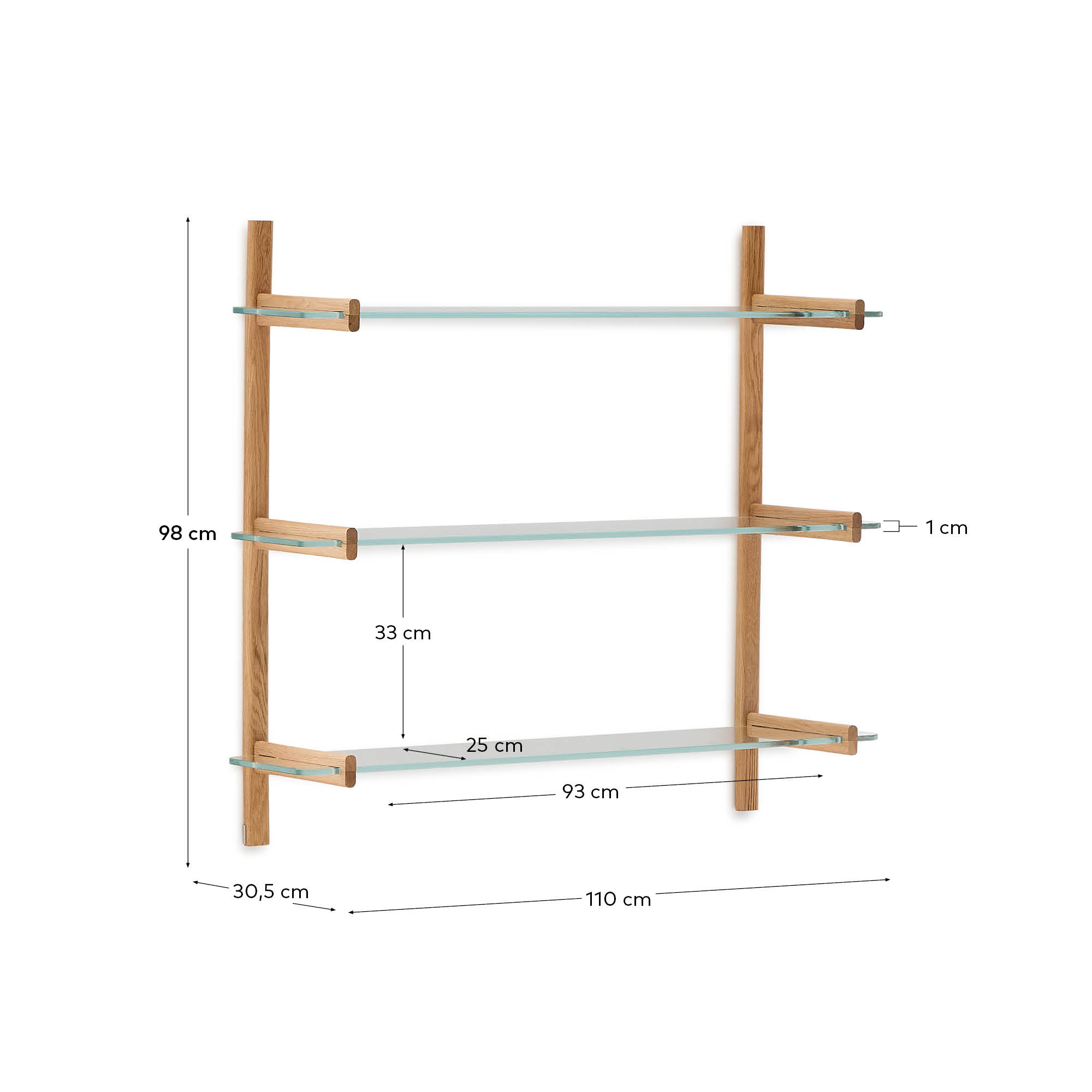 Entdecken Sie das modulare Regal Sitra von Kave Home: 110 cm, aus nachhaltiger Eiche und elegantem Glas, ideal für modernes Wohnen.