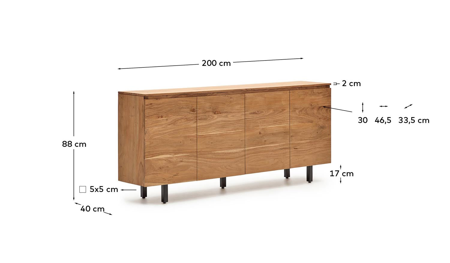 Elegantes 4-türiges Sideboard Uxue aus robustem Akazienholz mit einem modernen, gebleichten Look – perfekt für stilvolle Einrichtung.