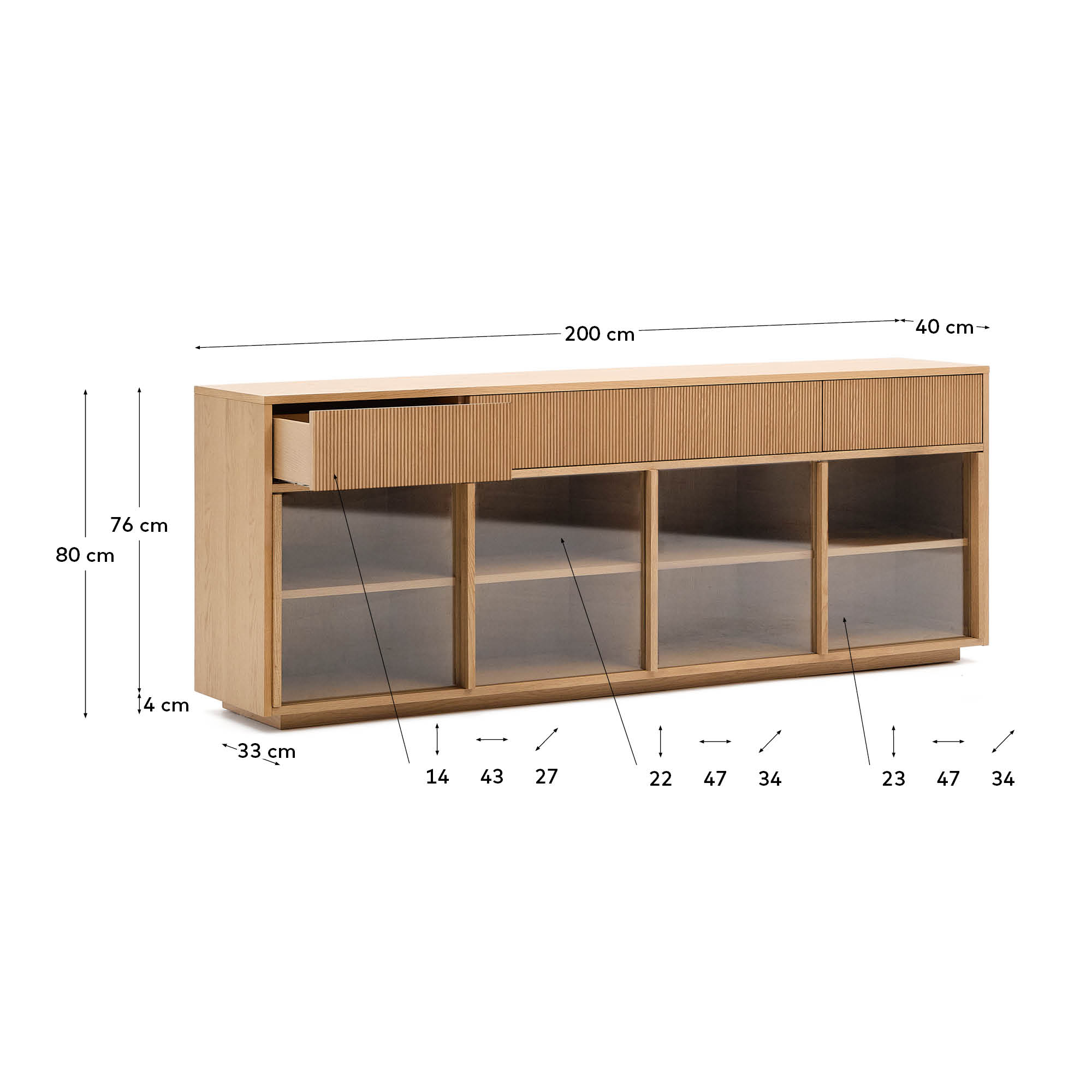 Elegantes Sideboard Helvine mit 4 Türen und 4 Schubladen, aus Eichenfurnier und gehärtetem Glas, ideal für stilvolle Wohnräume.