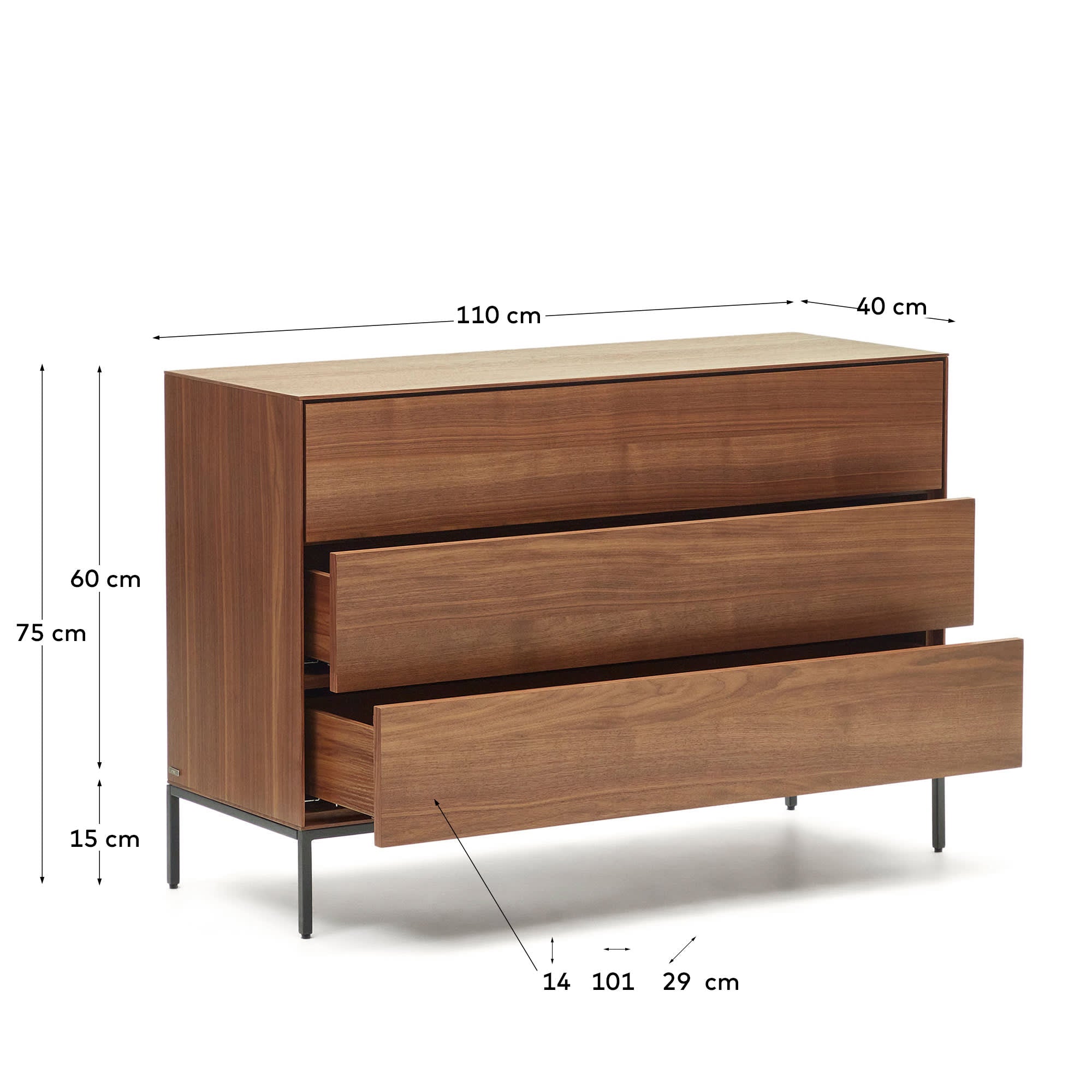 Elegante Vedrana Kommode mit 3 Schubladen aus Nussholzfurnier und robusten schwarzen Stahlbeinen, ideal für stilvolle Aufbewahrung.
