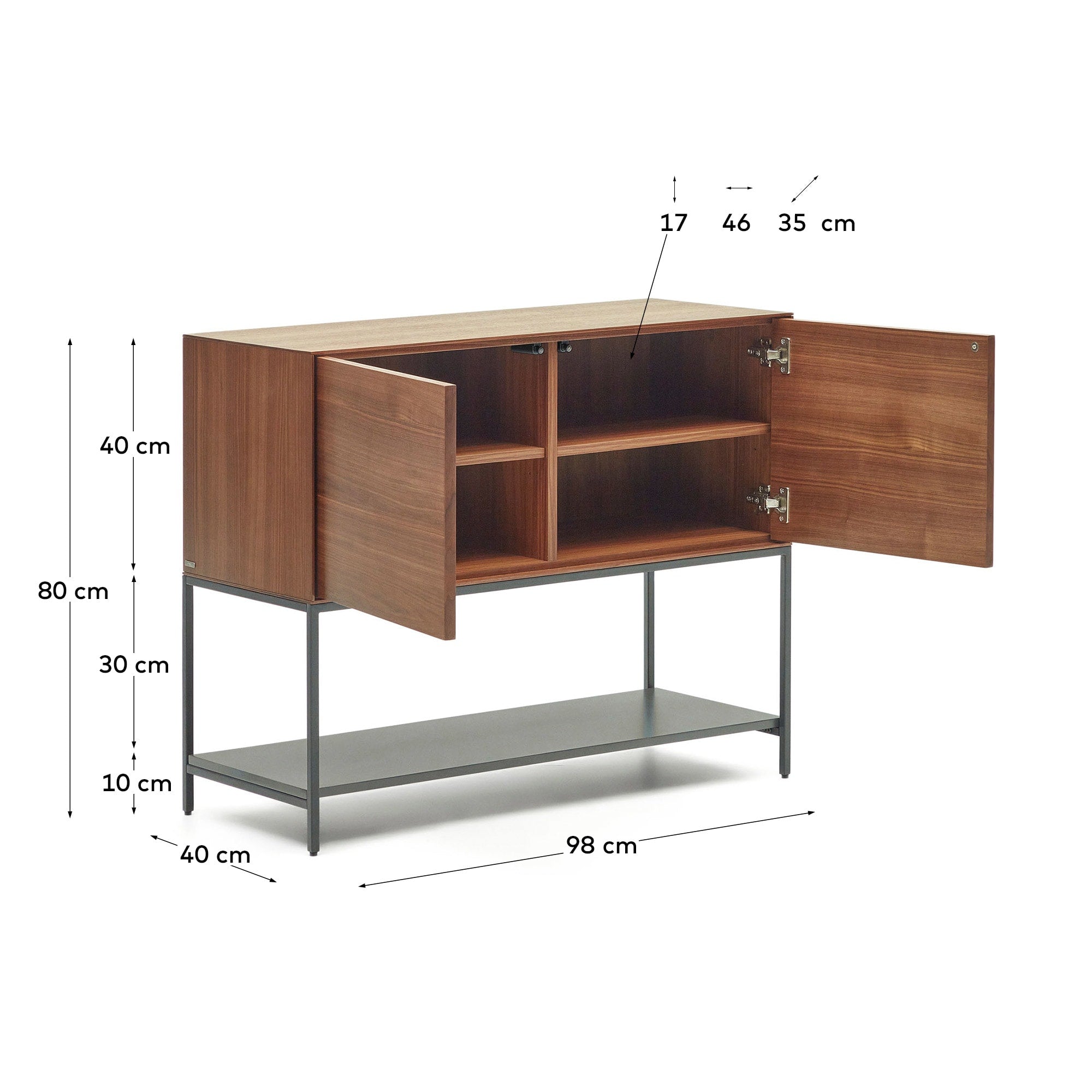 Elegantes Vedrana Sideboard mit zwei Türen aus edlem Nussholzfurnier und robusten schwarzen Stahlbeinen, ideal für jeden Wohnraum.