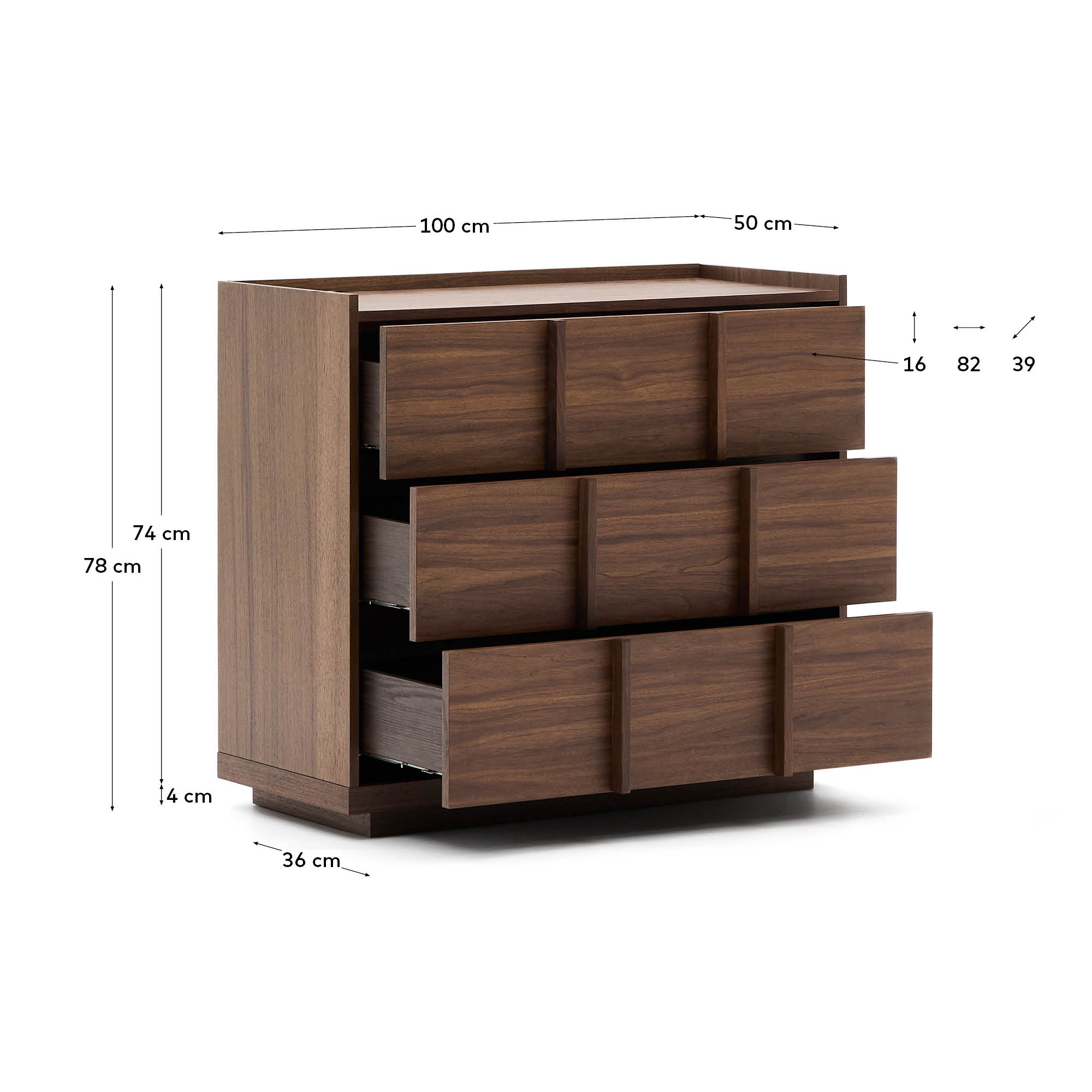 Die Kommode Onix 3 von Kave Home vereint modernes Design mit Funktionalität: 100 x 78 cm, dunkles Walnussfurnier, 3 geräumige Schubladen, FSC-zertifiziert.