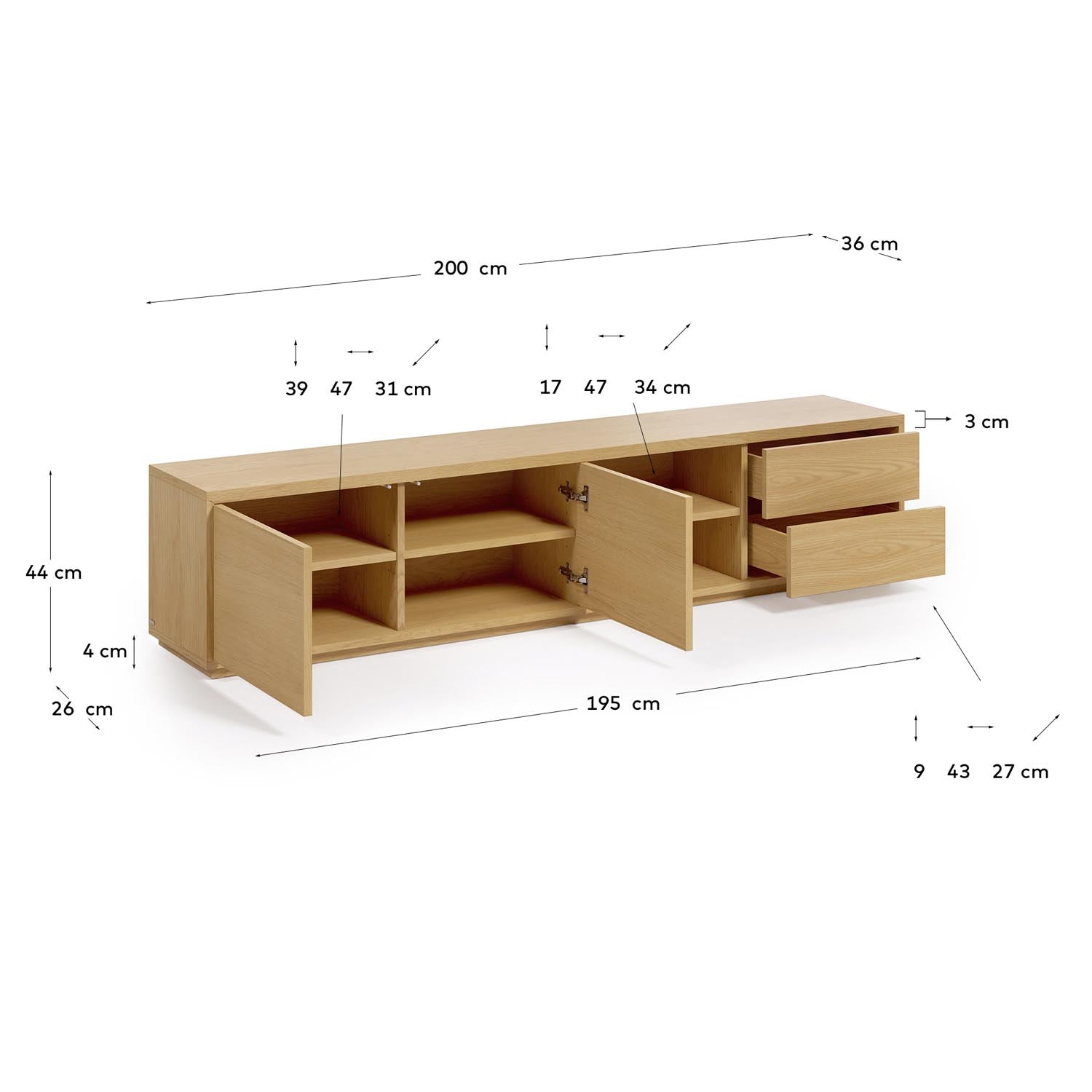 Stilvoller Abilen TV-Schrank von Kave Home: 2 Türen, 2 Schubladen, aus FSC-zertifiziertem Eichenfurnier, ideal für jedes Wohnzimmer.