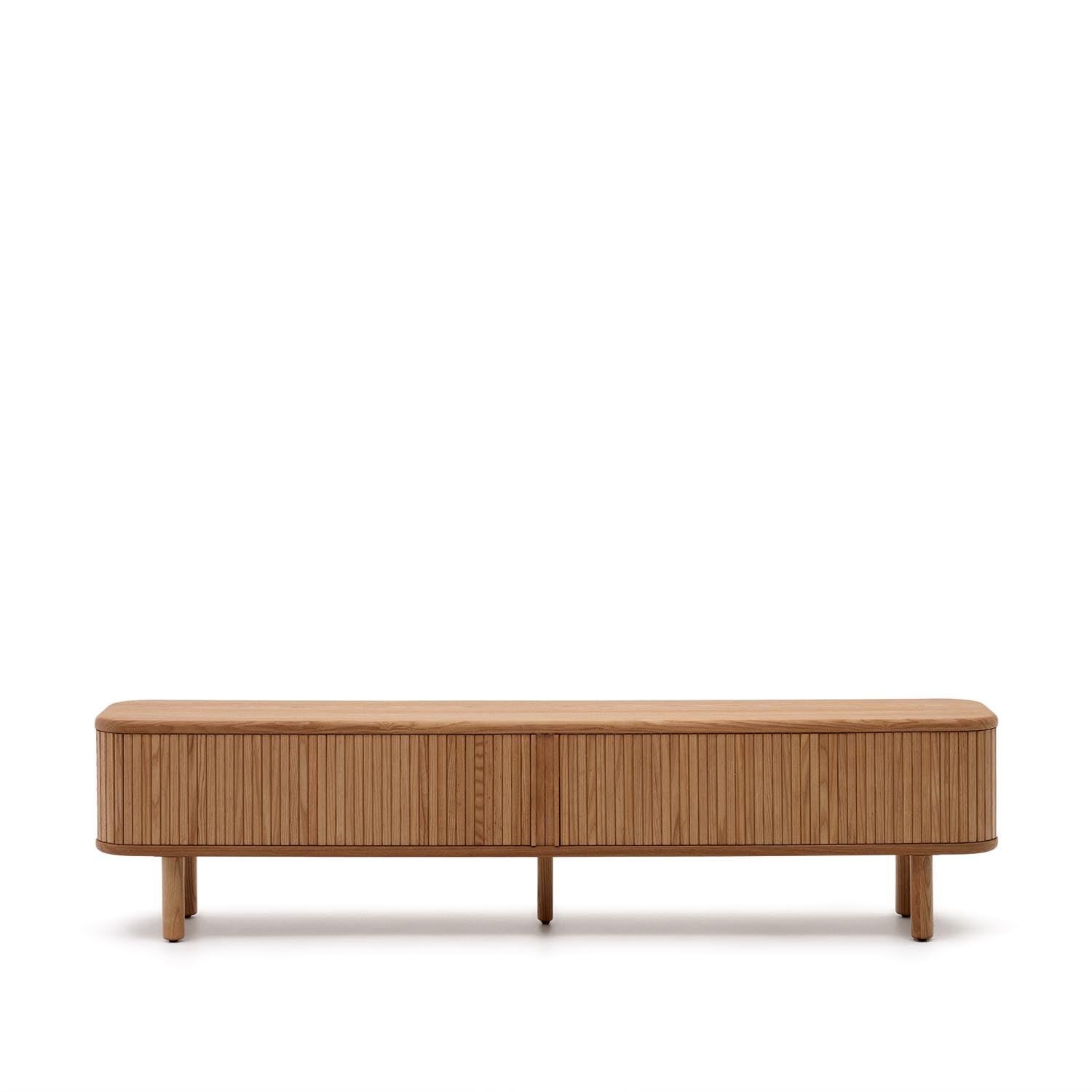 Elegantes TV-Möbel von Kave Home: 200x50 cm, Eschenfurnier, Schiebetüren, nachhaltige Materialien, modernes Design.