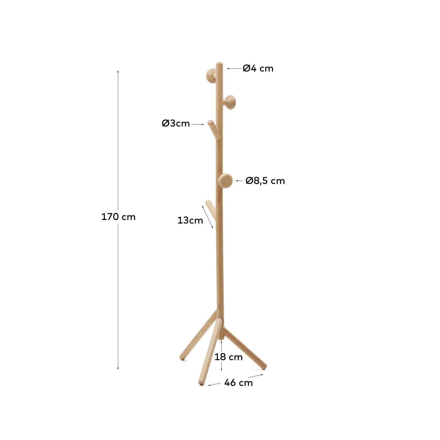 Stilvoller Garderobenständer Nadue aus massivem Buchenholz, 170 cm hoch, vereint Funktionalität und modernes Design für jeden Eingangsbereich.