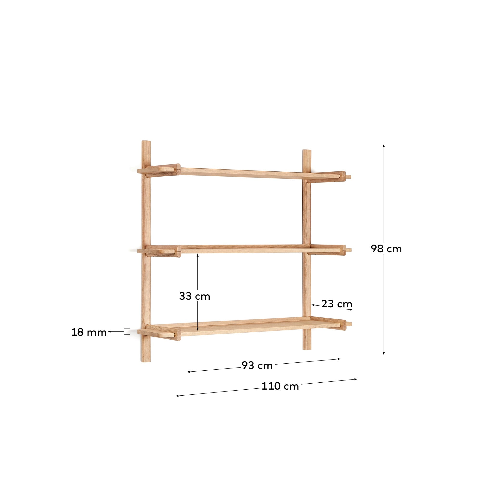 Erleben Sie das Sitra Regal von Kave Home: 3 Regalbretter aus hochwertigem Eichenholz, 110 cm, ideal für elegante und vielseitige Raumgestaltung.