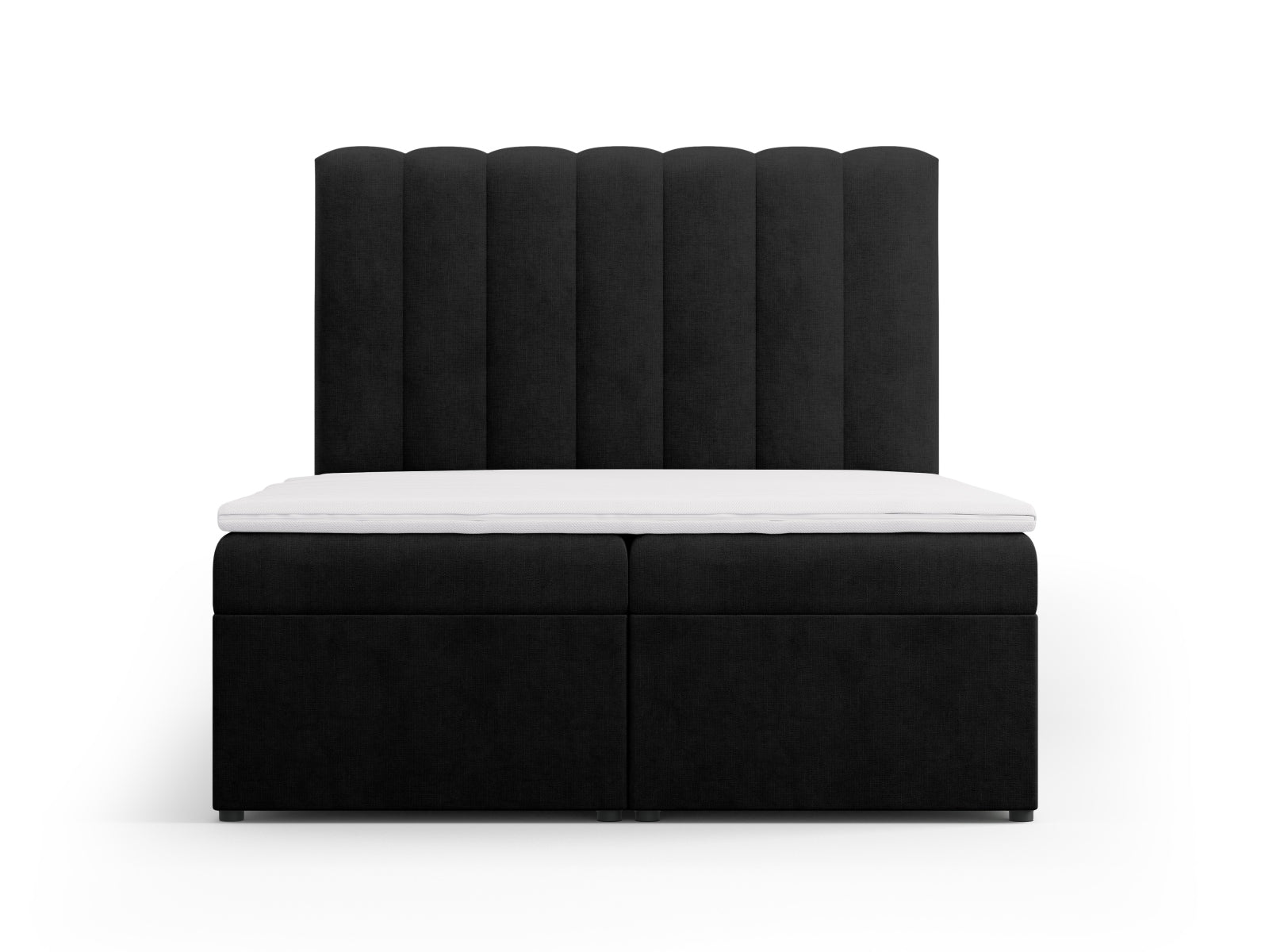 Elegantes Kelp Boxspringbett Set in Schwarz, bestehend aus Kopfteil, Boxspring, Matratze und Topper für höchsten Schlafkomfort.